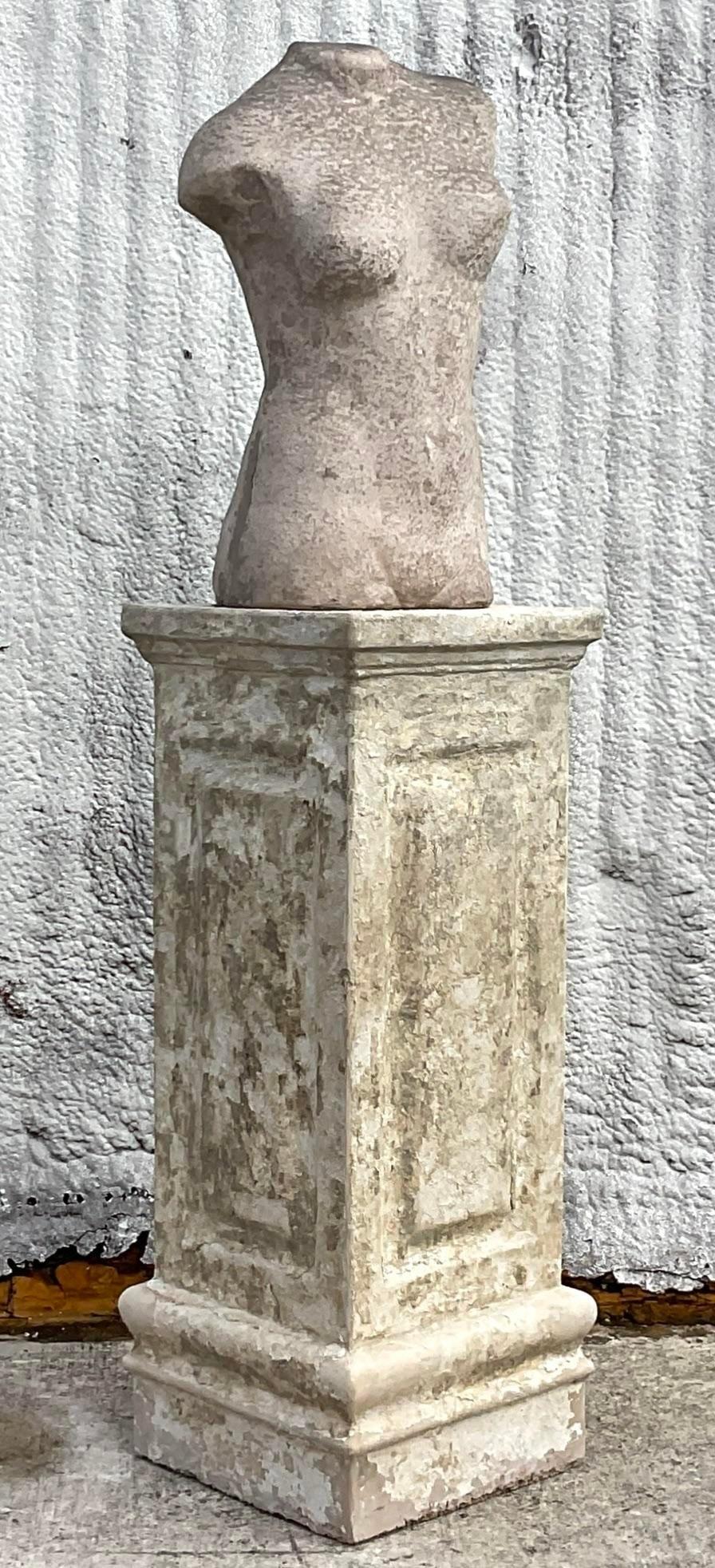 A fabulous vintage Boho female bust on a pedestal. A chic rough cut stone pedestal with a smooth cut female torso. Perfect indoors or outside. Acquired from a Palm Beach estate.

Bust dimensions 13x9x26