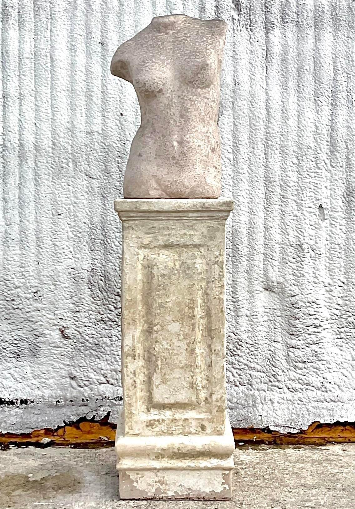 American Vintage Boho Patinated Stone Pedestal With Female Torso For Sale