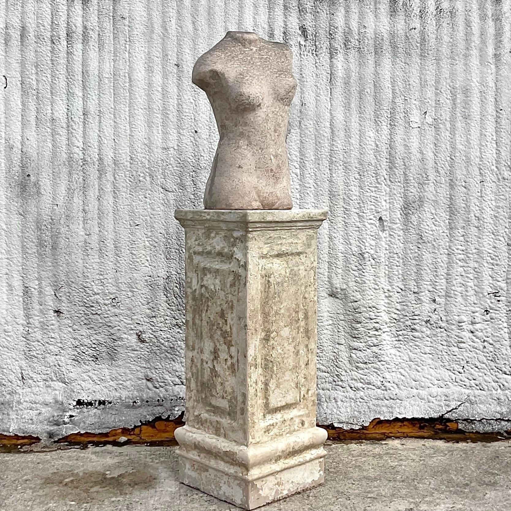 Vintage Boho Patinated Stone Pedestal With Female Torso In Good Condition For Sale In west palm beach, FL