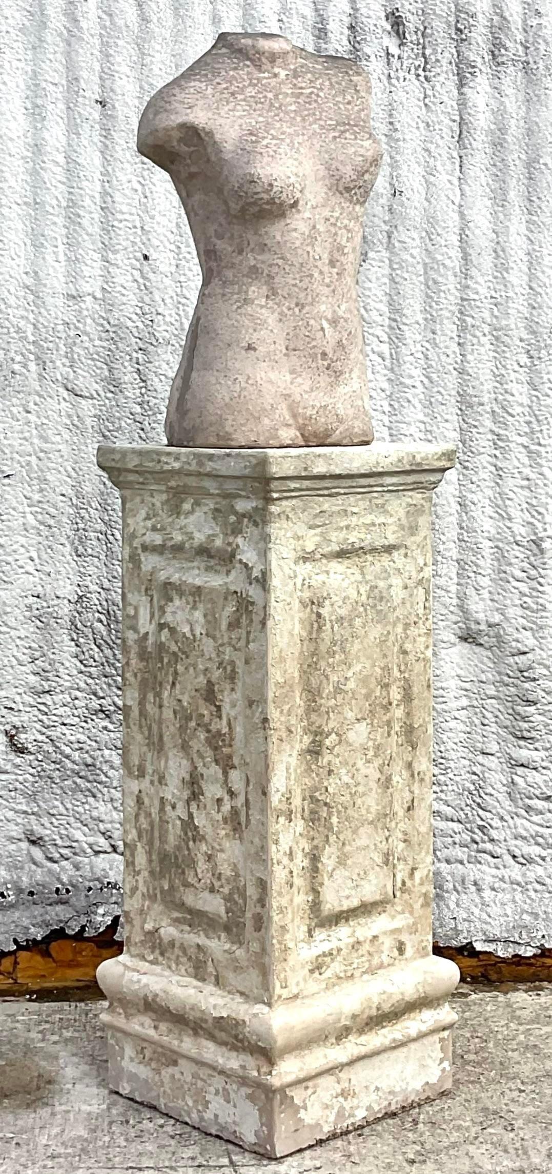 20th Century Vintage Boho Patinated Stone Pedestal With Female Torso For Sale