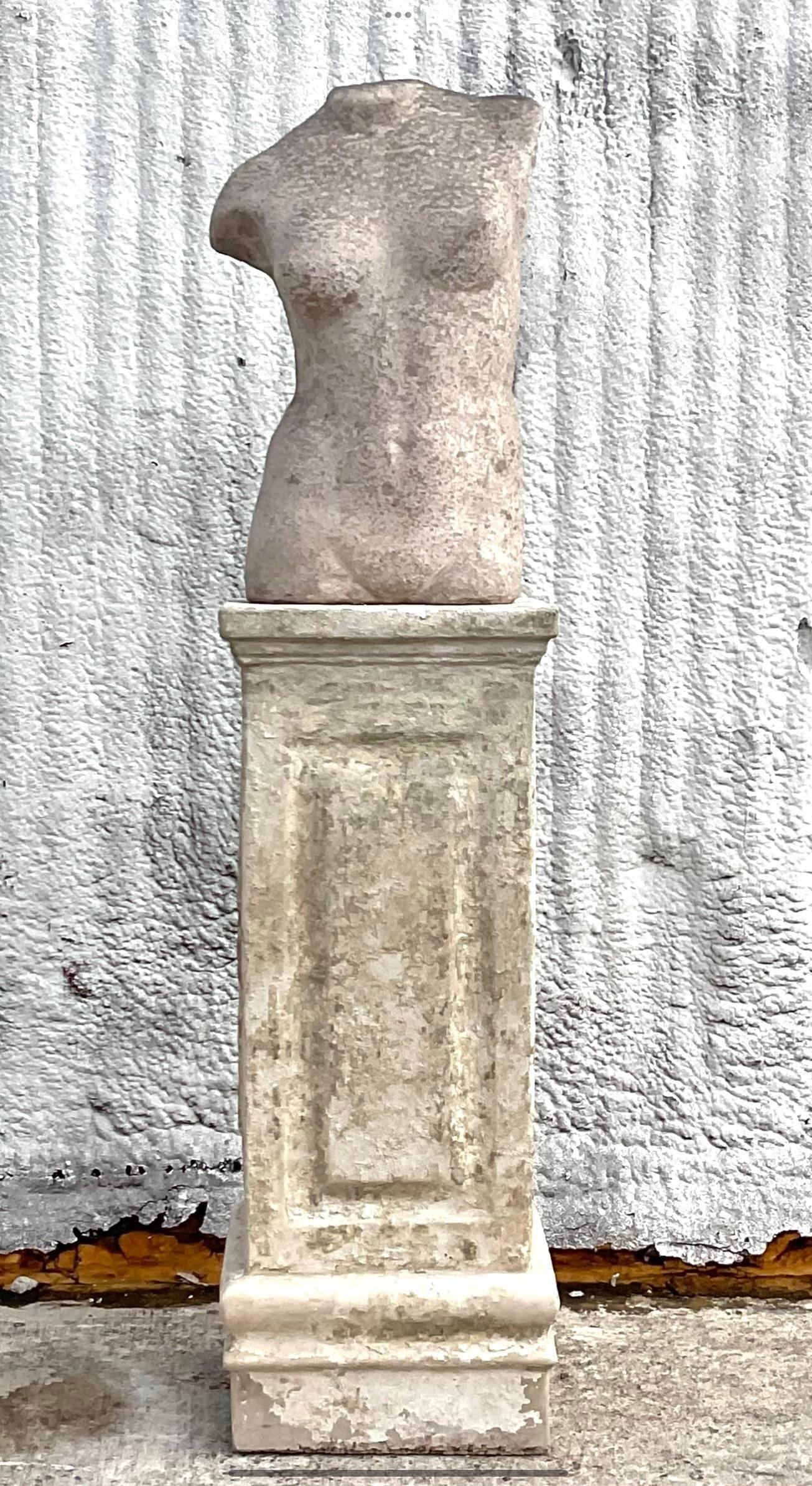 Vintage Boho Patinated Stone Pedestal With Female Torso For Sale 1