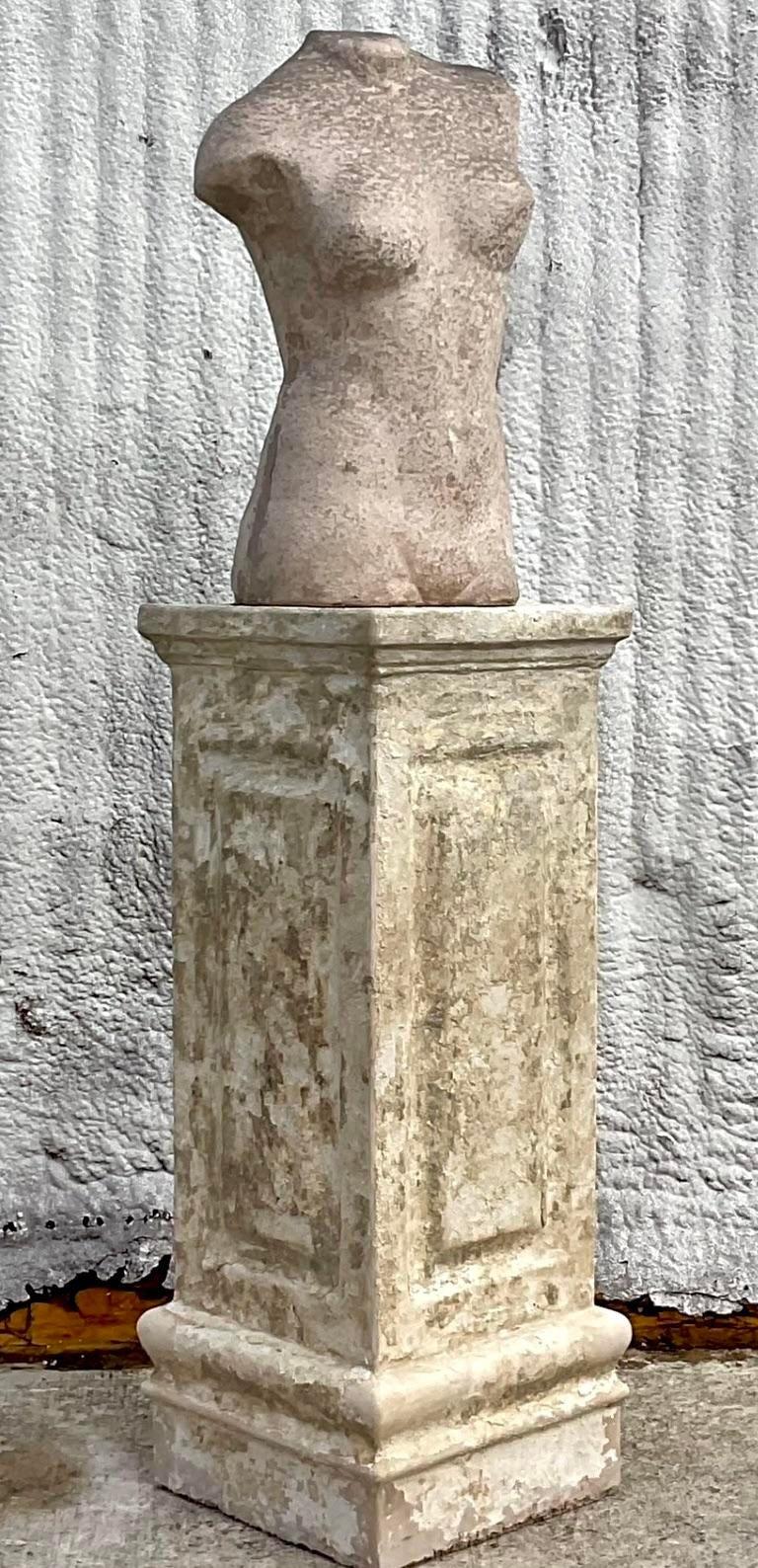 Vintage Boho Patinated Stone Pedestal With Female Torso For Sale 2