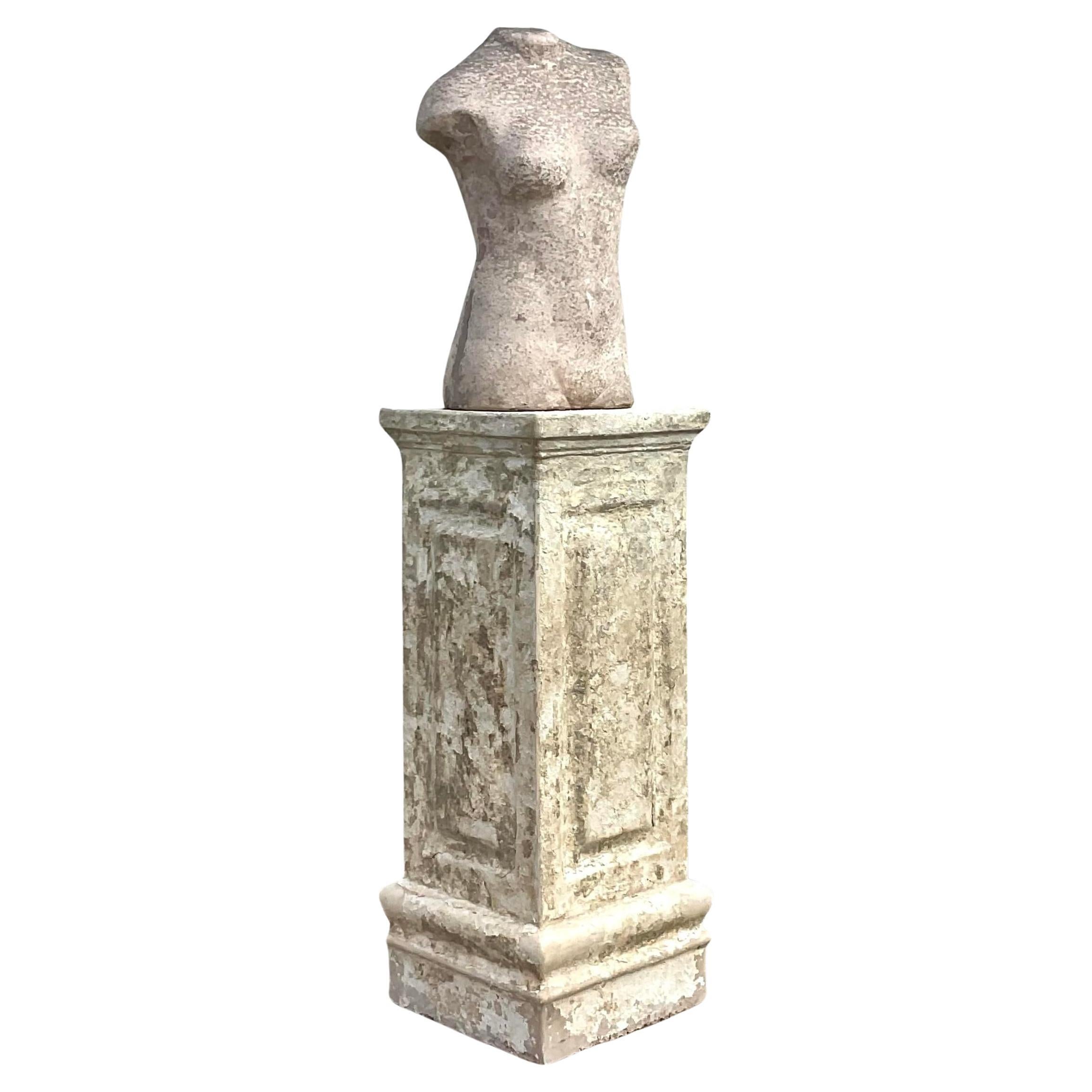 Vintage Boho Patinated Stone Pedestal With Female Torso For Sale