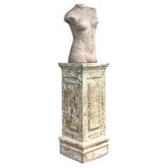 Vintage Boho Patinated Stone Pedestal With Female Torso