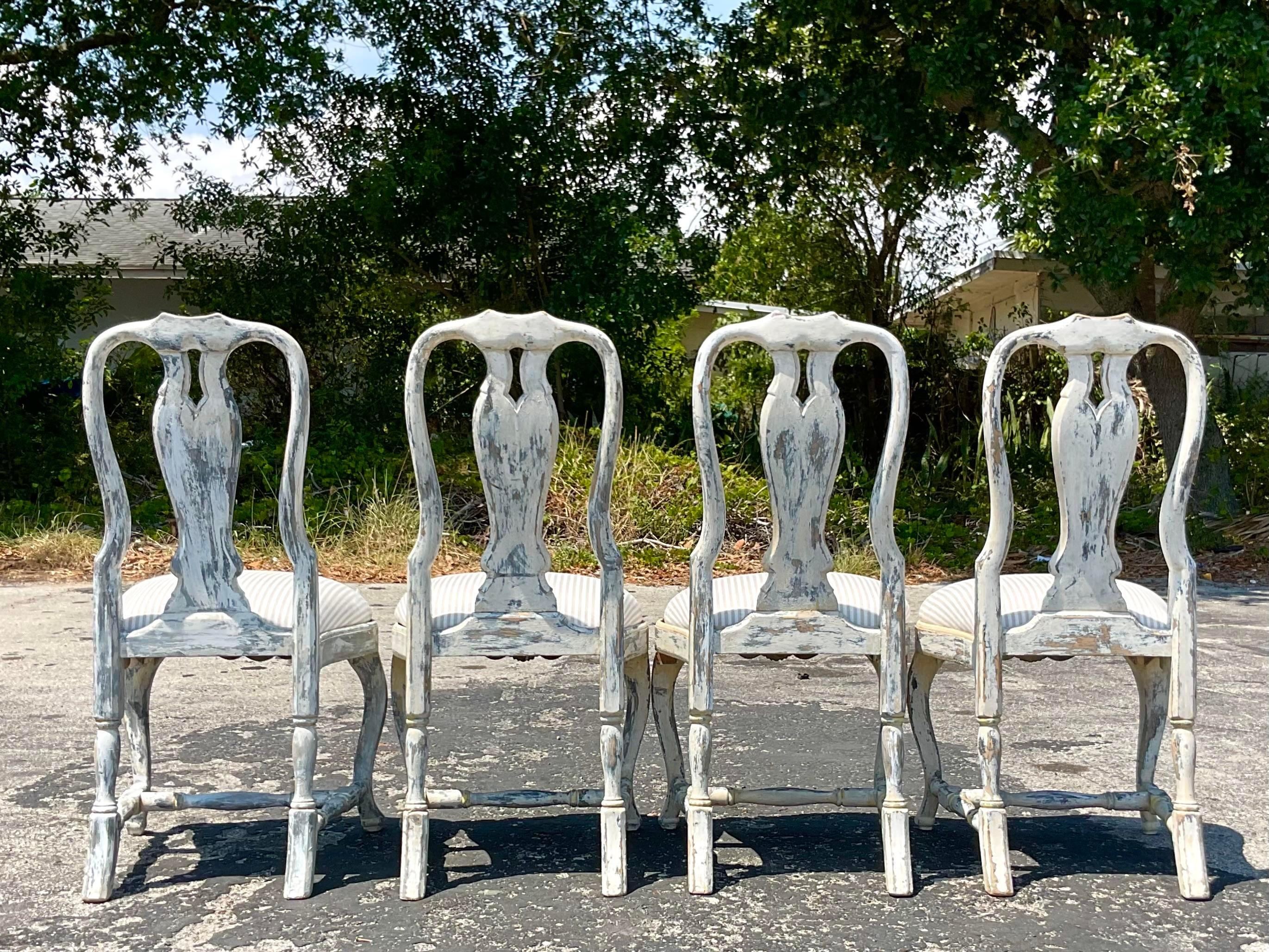 Vintage Boho Patinated Swedish Dining Chairs - Set of 4 In Good Condition For Sale In west palm beach, FL