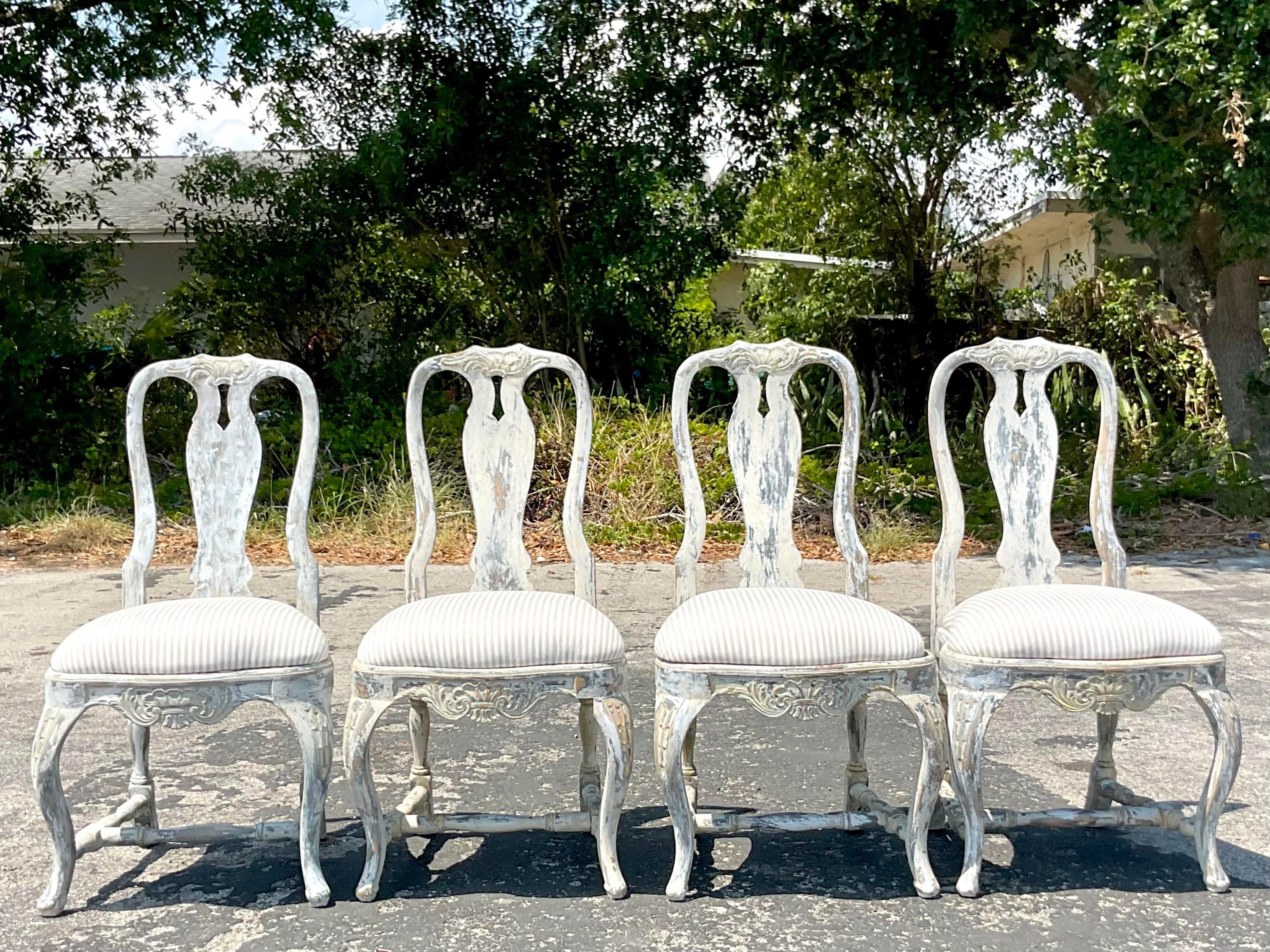 Upholstery Vintage Boho Patinated Swedish Dining Chairs - Set of 4 For Sale