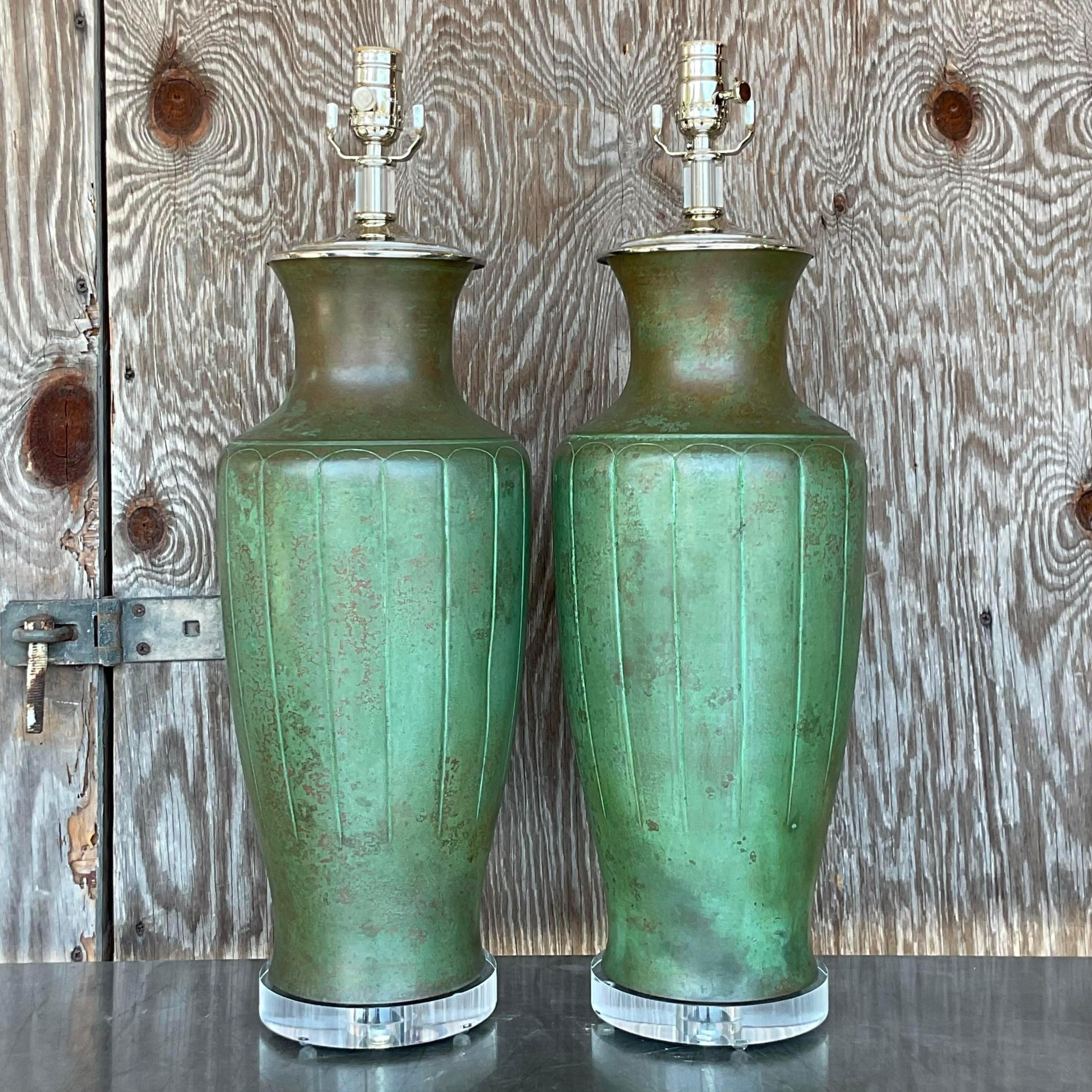 Rustic Vintage Boho Patinated Table Lamps - a Pair
