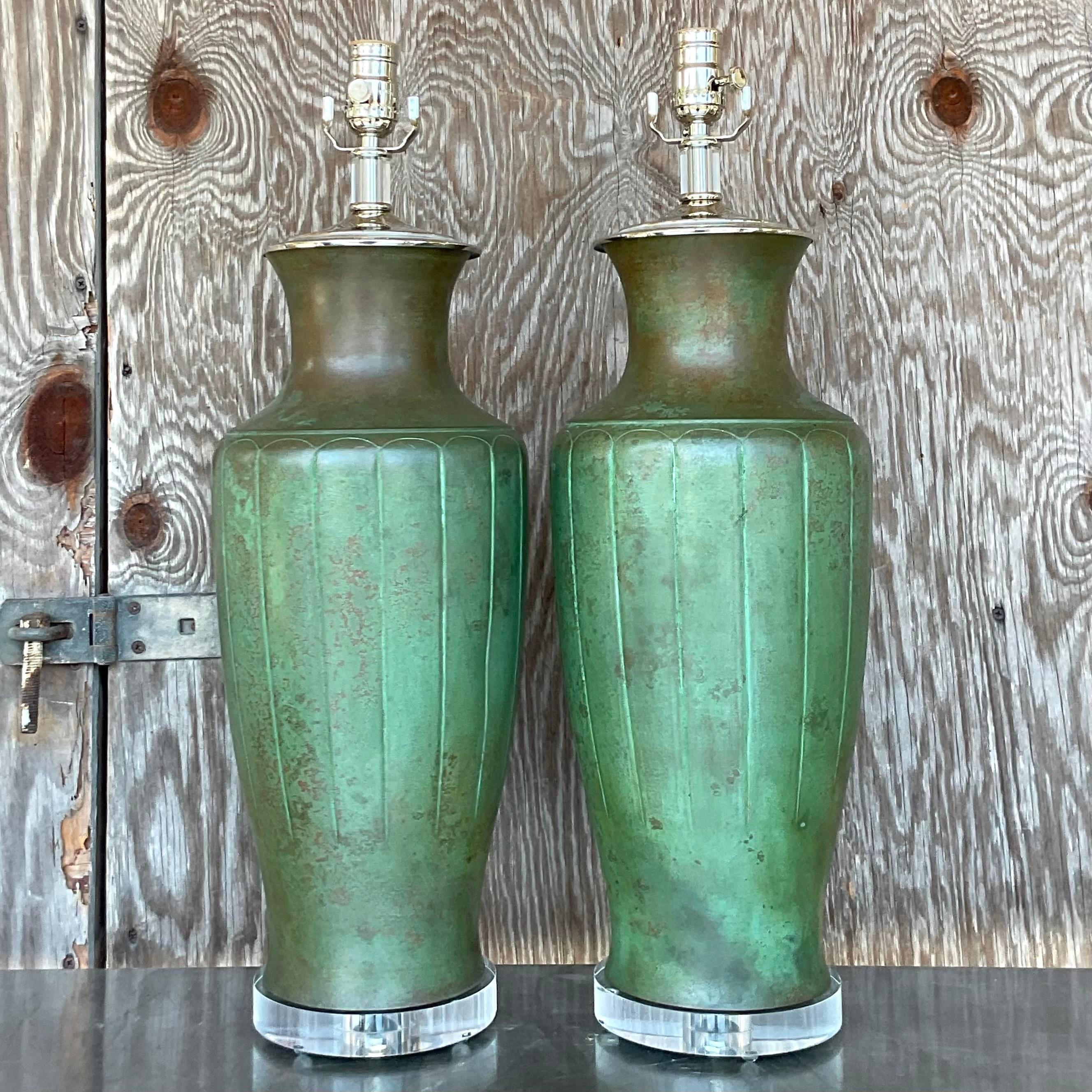 American Vintage Boho Patinated Table Lamps - a Pair