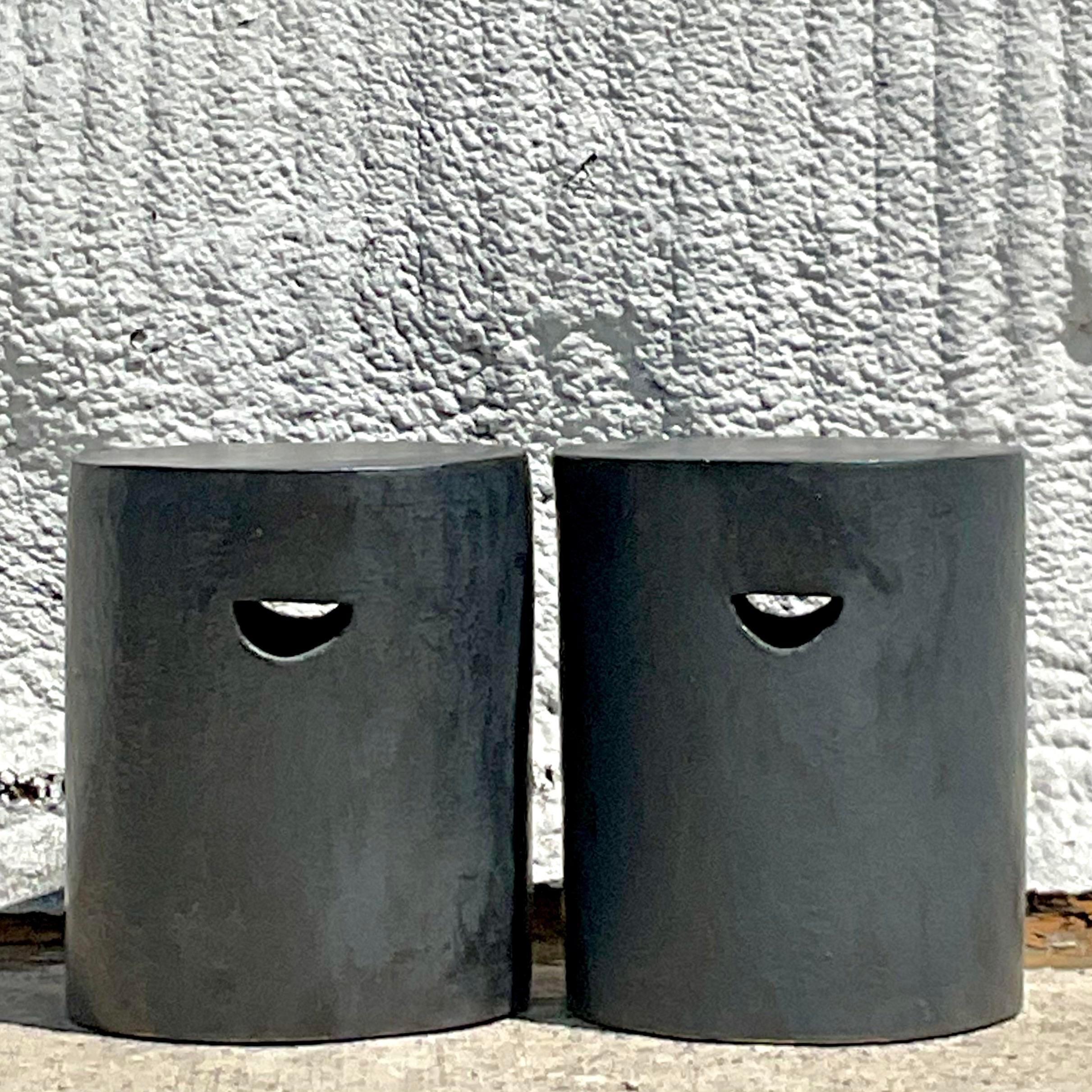  Vintage Boho Patinated Terra Cotta Low Stools, a Pair In Good Condition In west palm beach, FL