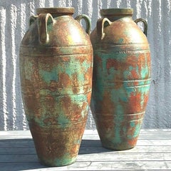 Vintage Boho Patinated Terra Cotta Urns - a Pair