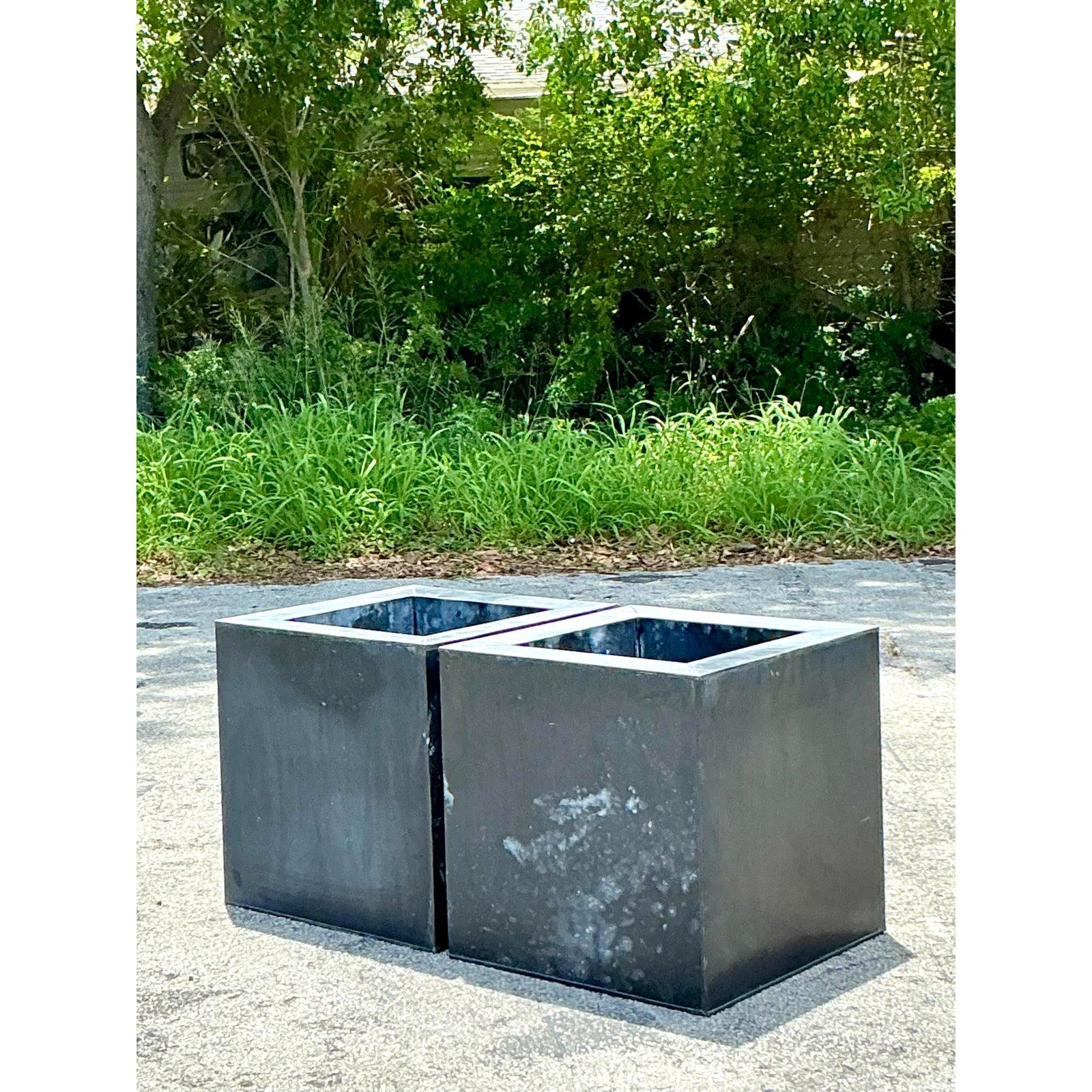 American Vintage Boho Patinated Tin Planters - A Pair For Sale
