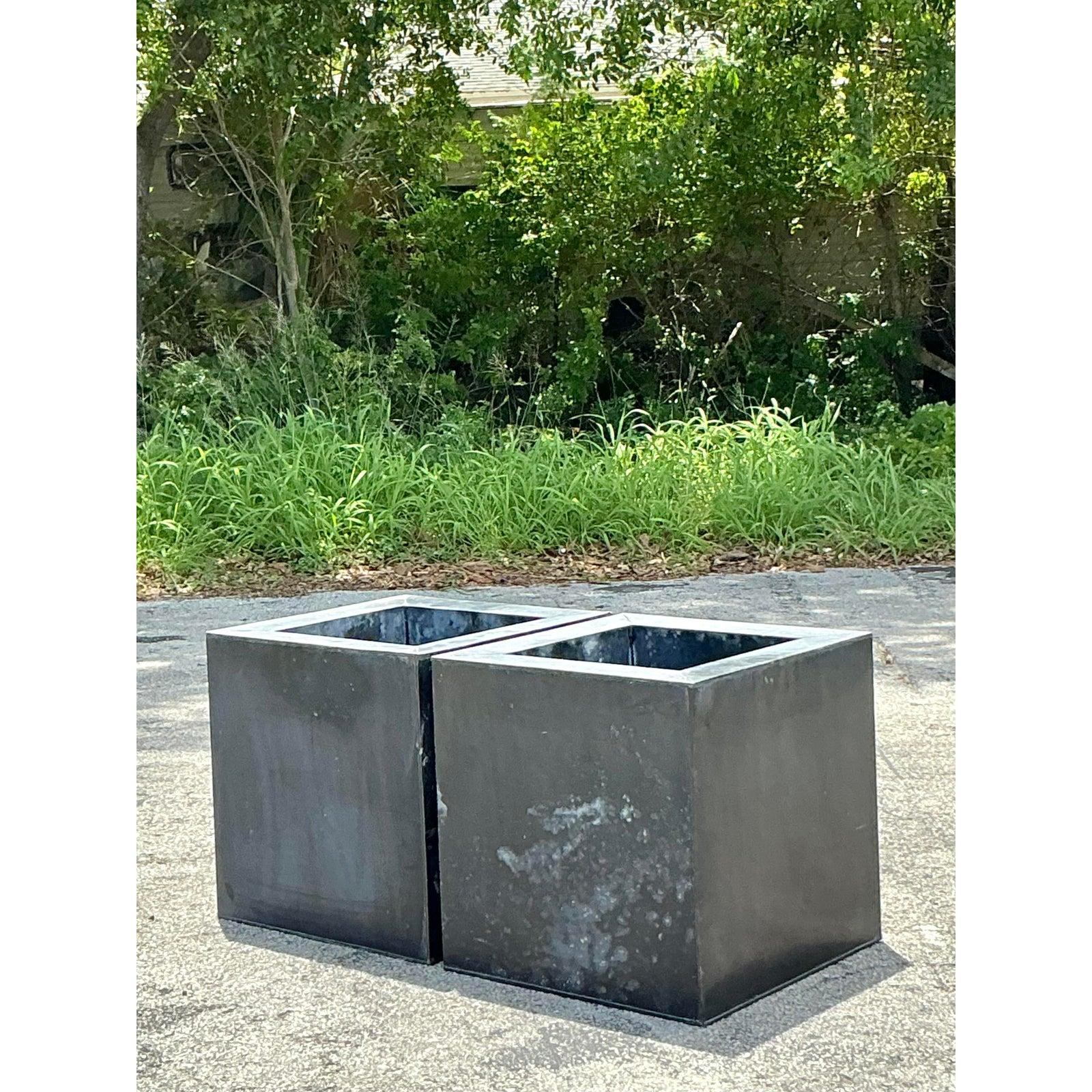 Vintage Boho Patinated Tin Planters - A Pair In Good Condition For Sale In west palm beach, FL