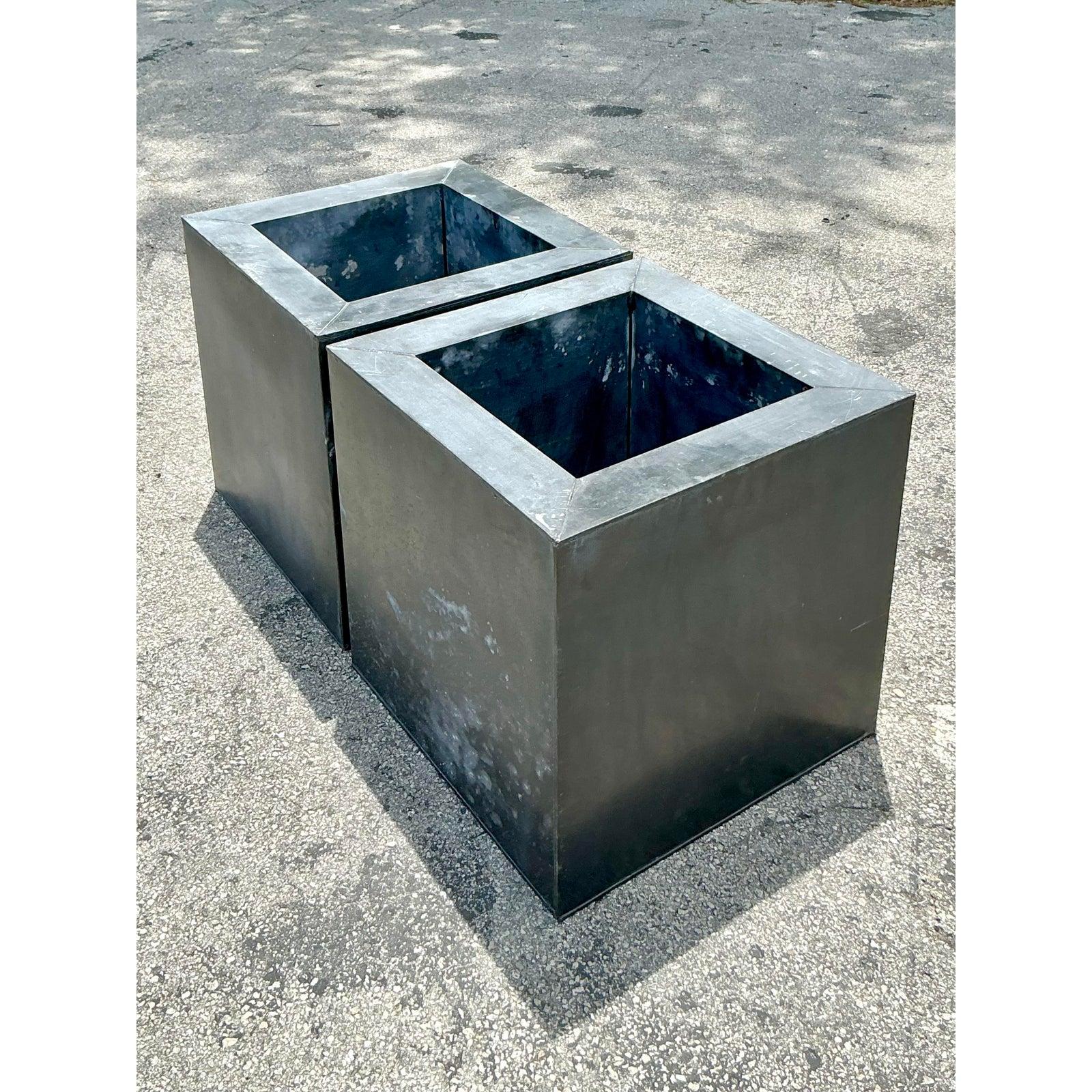 20th Century Vintage Boho Patinated Tin Planters - A Pair For Sale