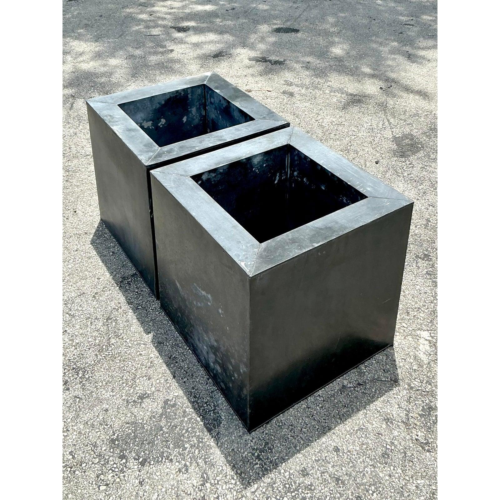 Metal Vintage Boho Patinated Tin Planters - A Pair For Sale