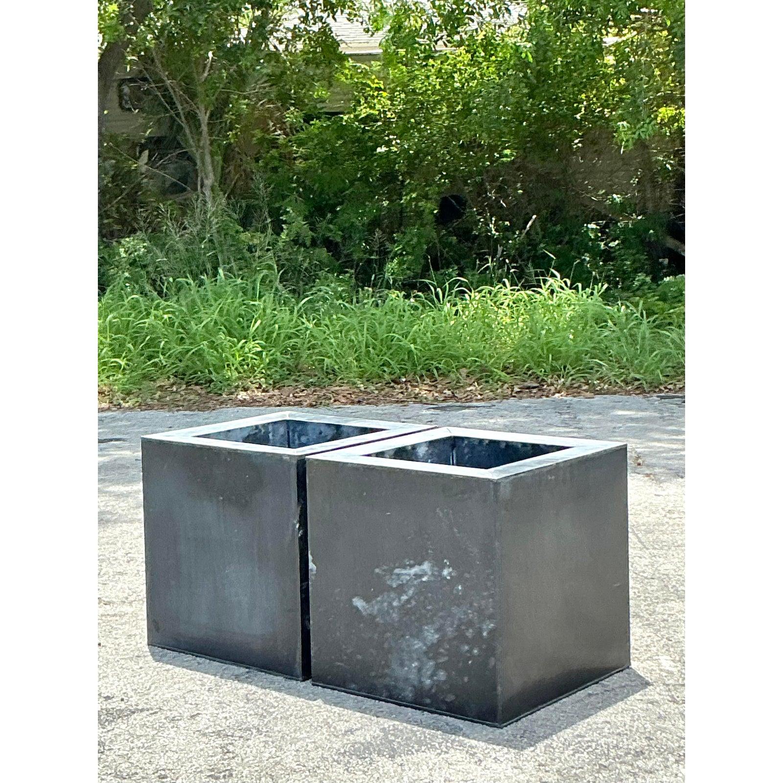 Vintage Boho Patinated Tin Planters - A Pair For Sale 1