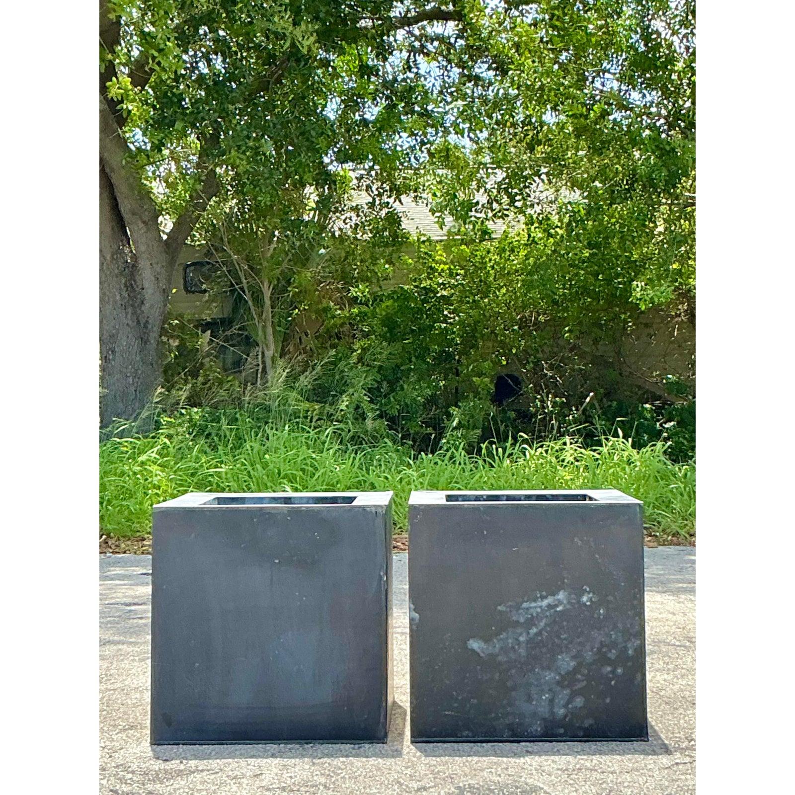 Vintage Boho Patinated Tin Planters - A Pair For Sale 2