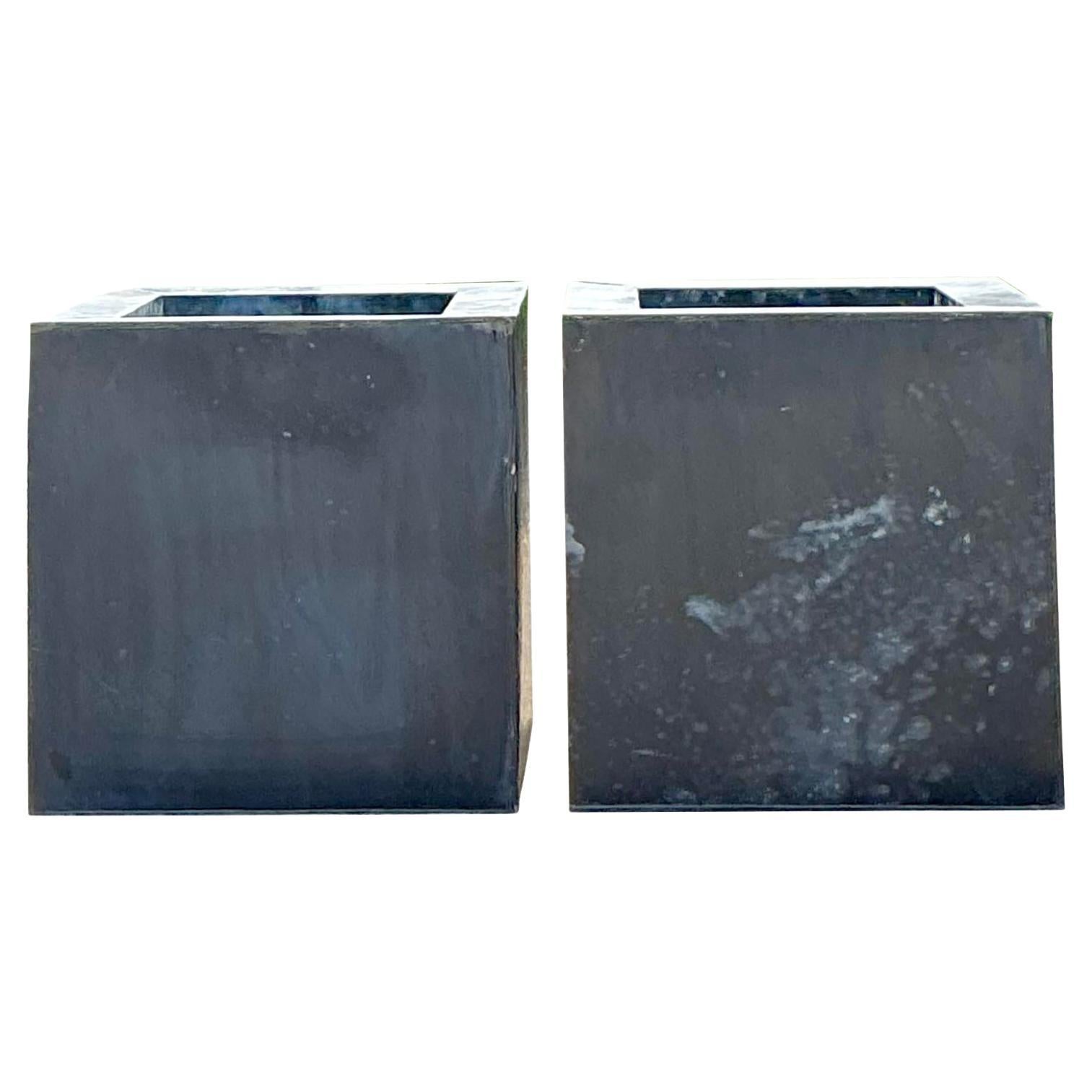 Vintage Boho Patinated Tin Planters - A Pair For Sale