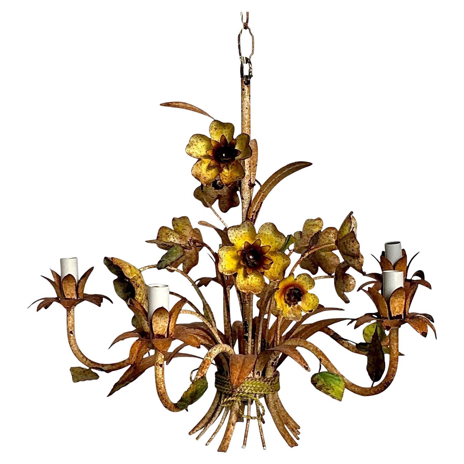 Vintage Boho Patinated Tole Chandelier For Sale