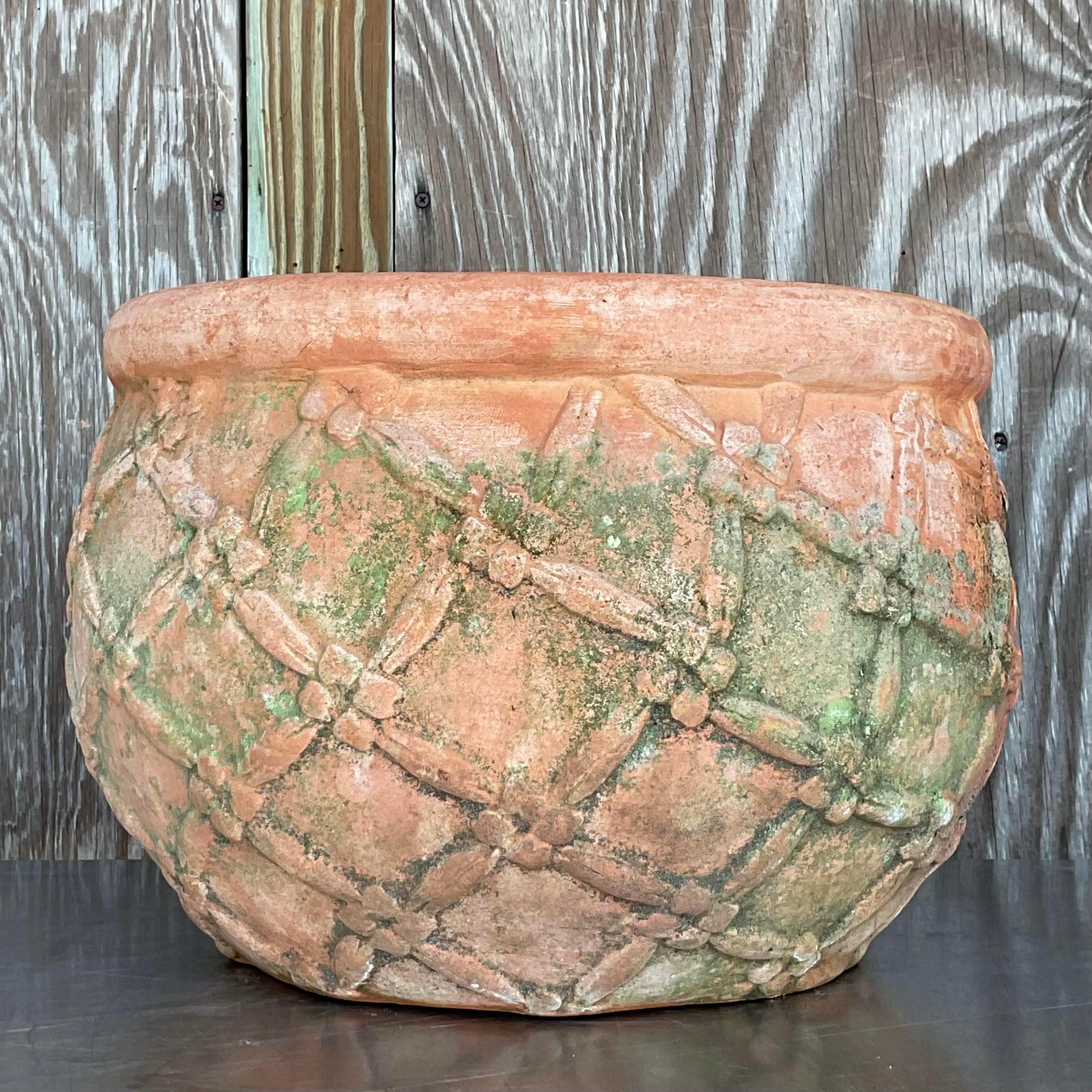 Vintage Boho Patinated Trellis Terracotta Planter For Sale 4