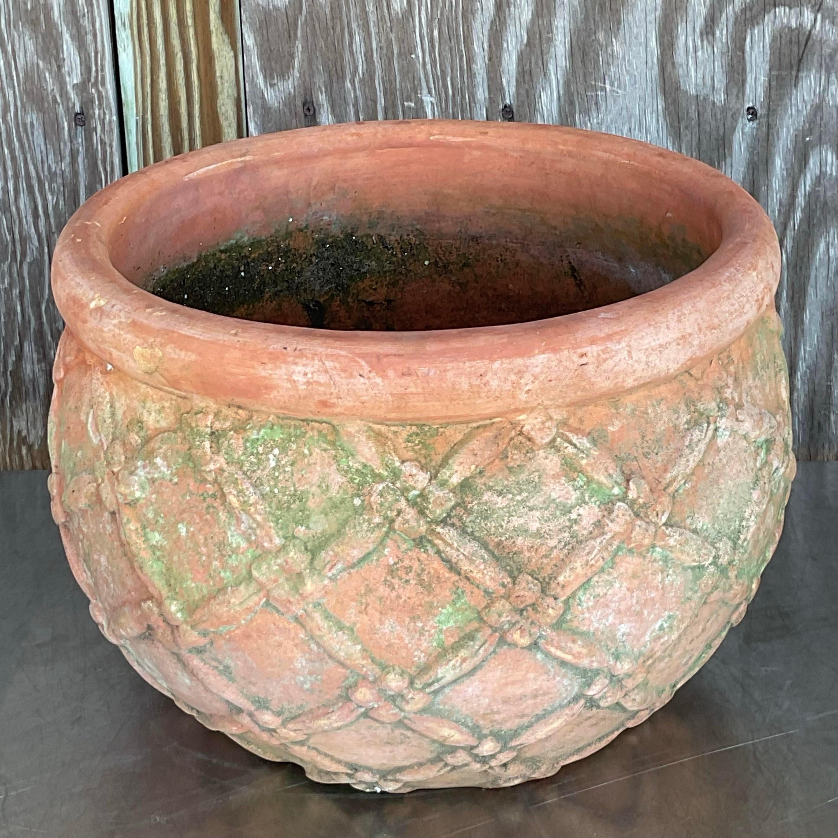 Rustic Vintage Boho Patinated Trellis Terracotta Planter For Sale