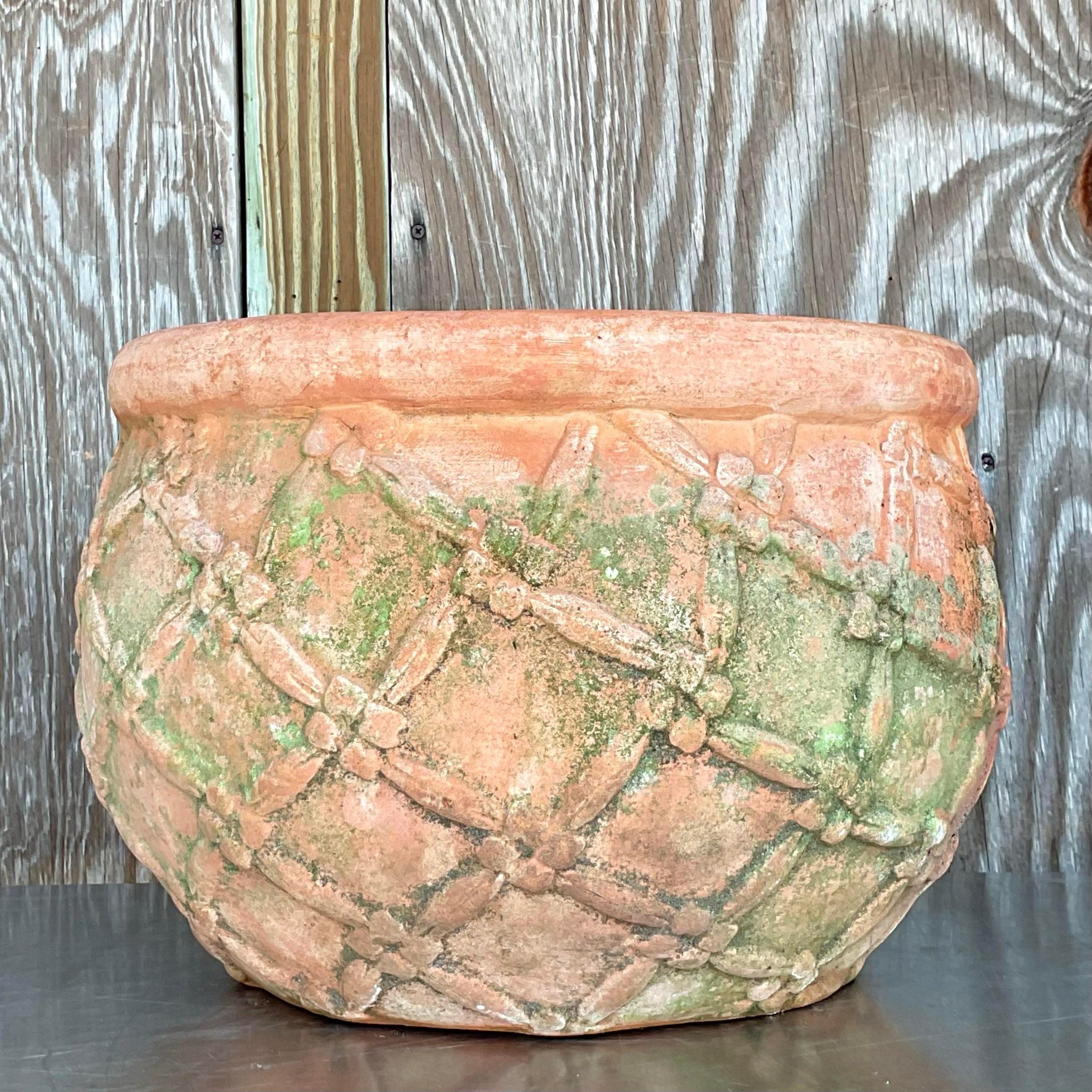 Vintage Boho Patinated Trellis Terracotta Planter In Good Condition For Sale In West Palm Beach, FL