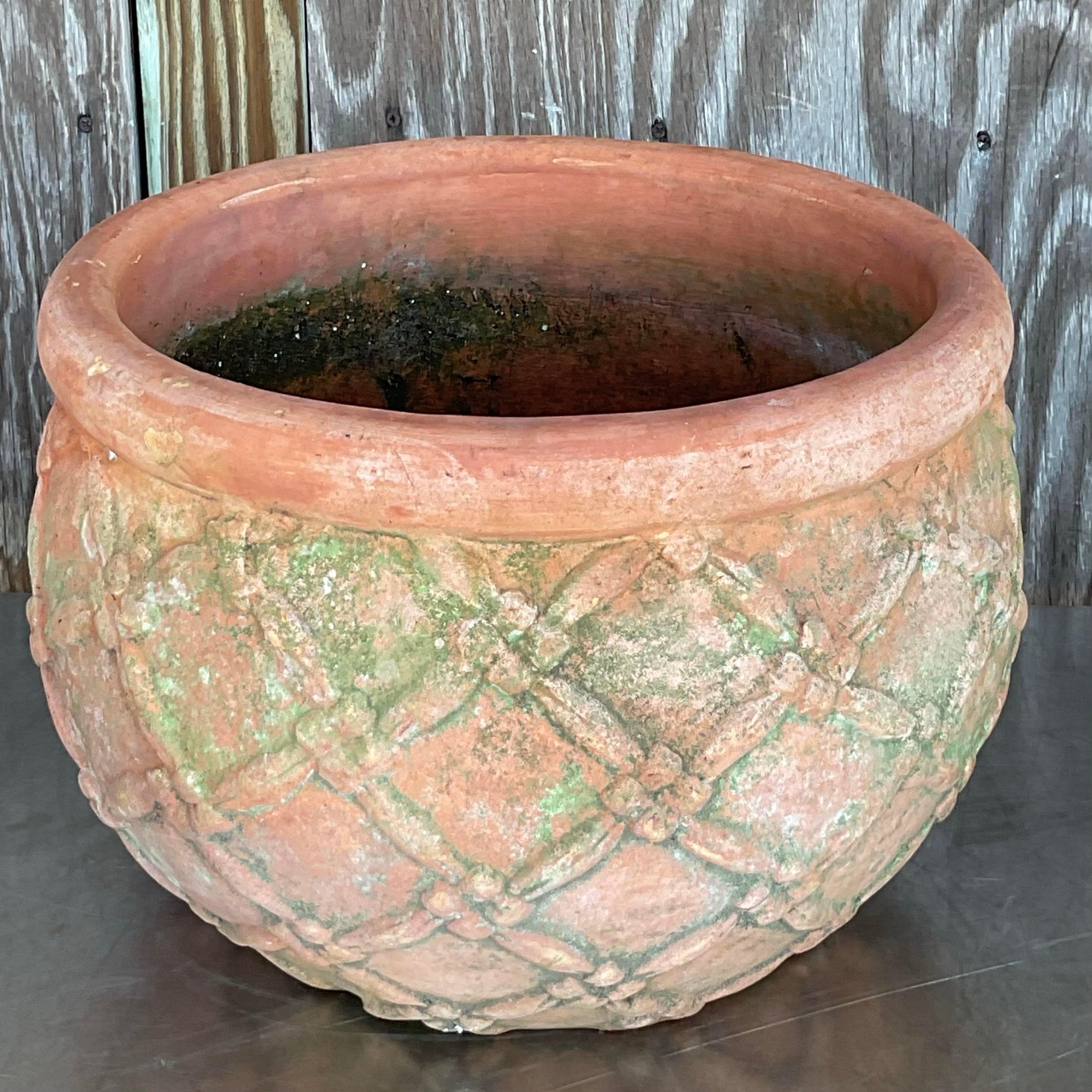 20th Century Vintage Boho Patinated Trellis Terracotta Planter For Sale