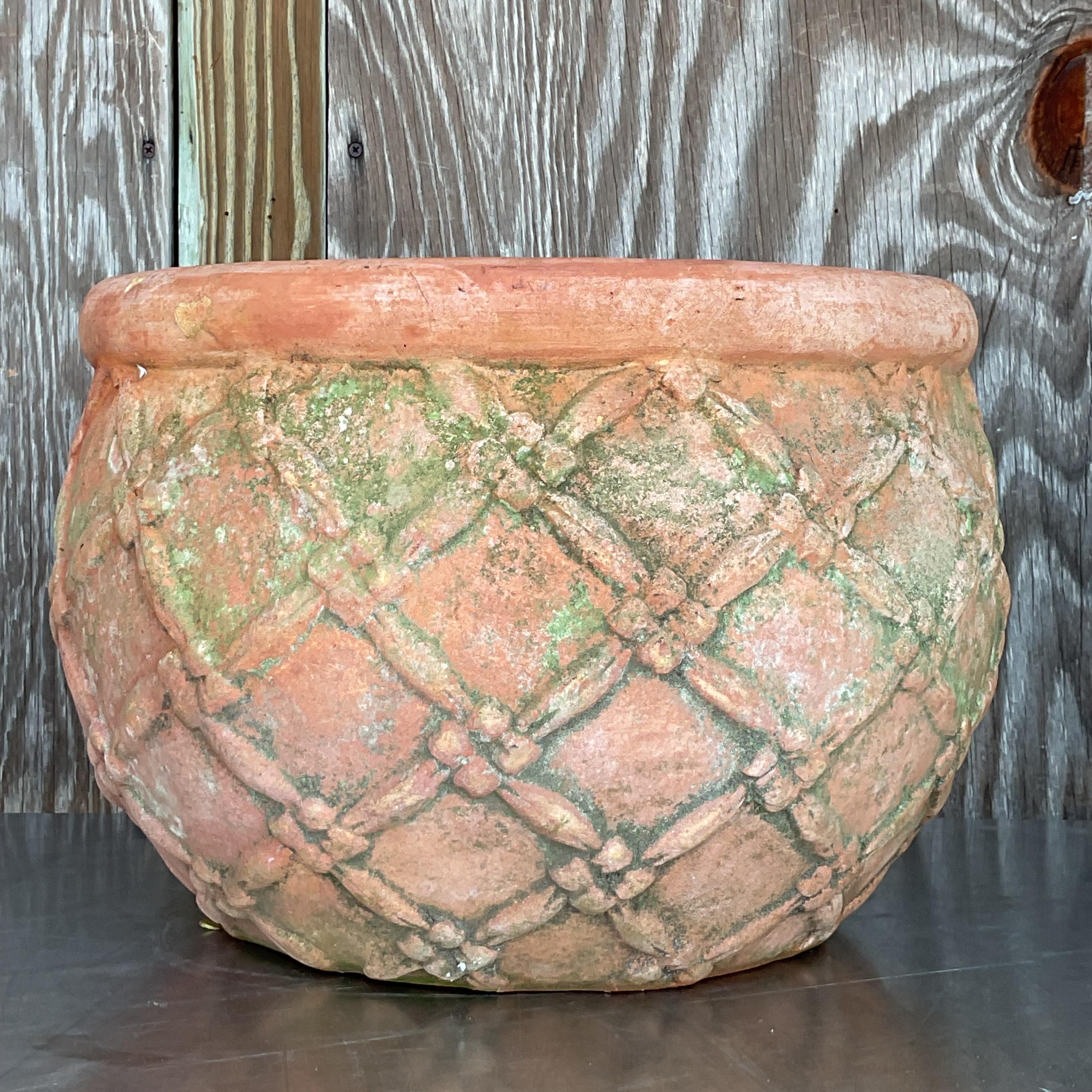 Vintage Boho Patinated Trellis Terracotta Planter For Sale 2