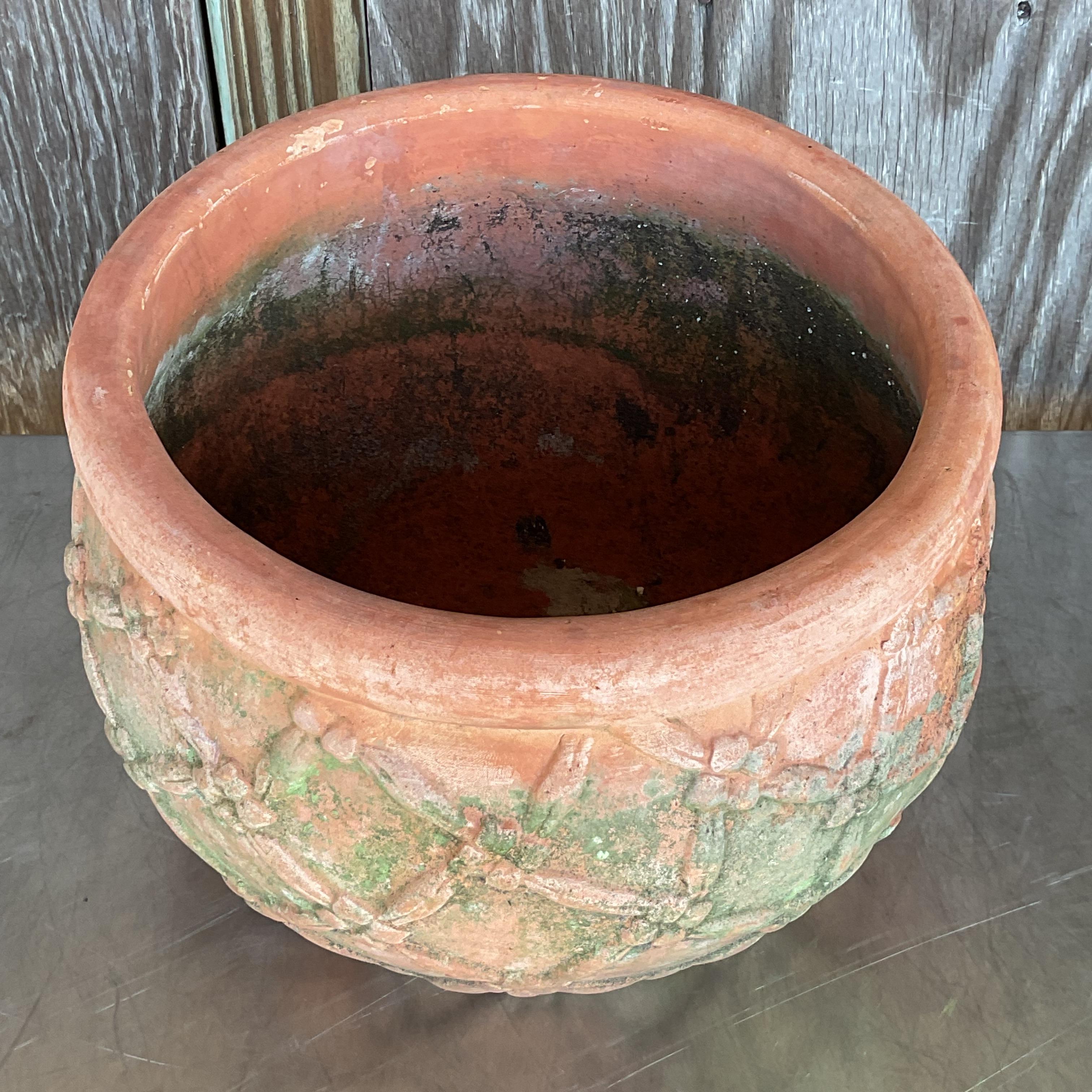 Vintage Boho Patinated Trellis Terracotta Planter For Sale 3