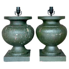Vintage Boho Patinated Turned Wood Lamps - a Pair