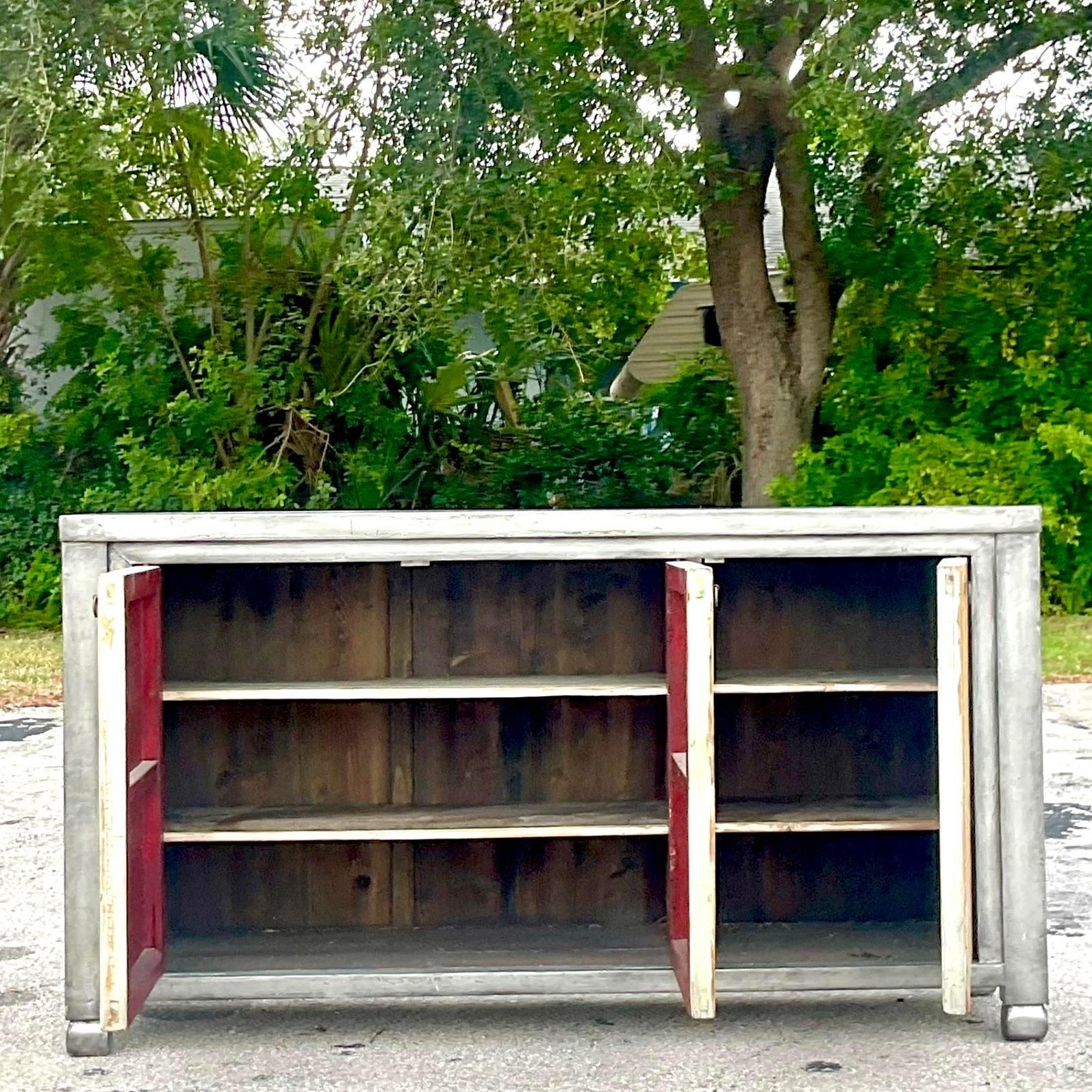 Rustic Vintage Boho Patinated Two Tone Credenza For Sale