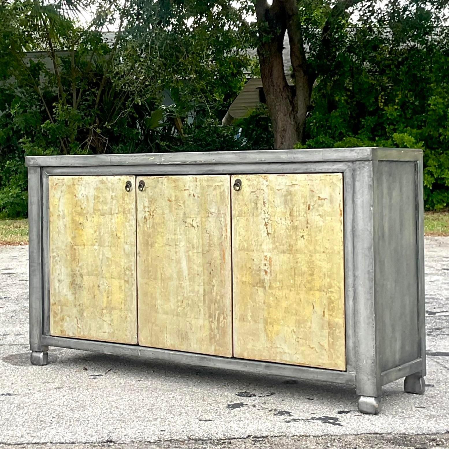 Vintage Boho Patinated Two Tone Credenza In Good Condition For Sale In west palm beach, FL