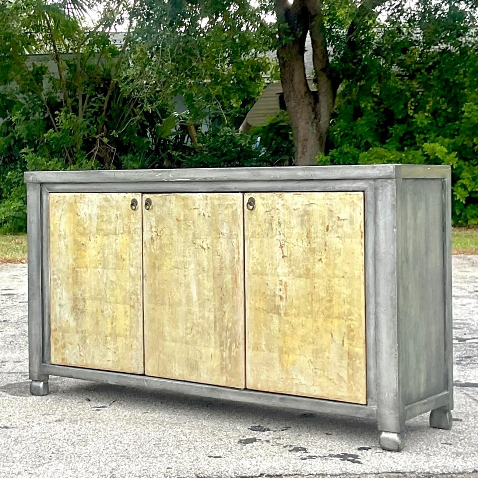Wood Vintage Boho Patinated Two Tone Credenza For Sale