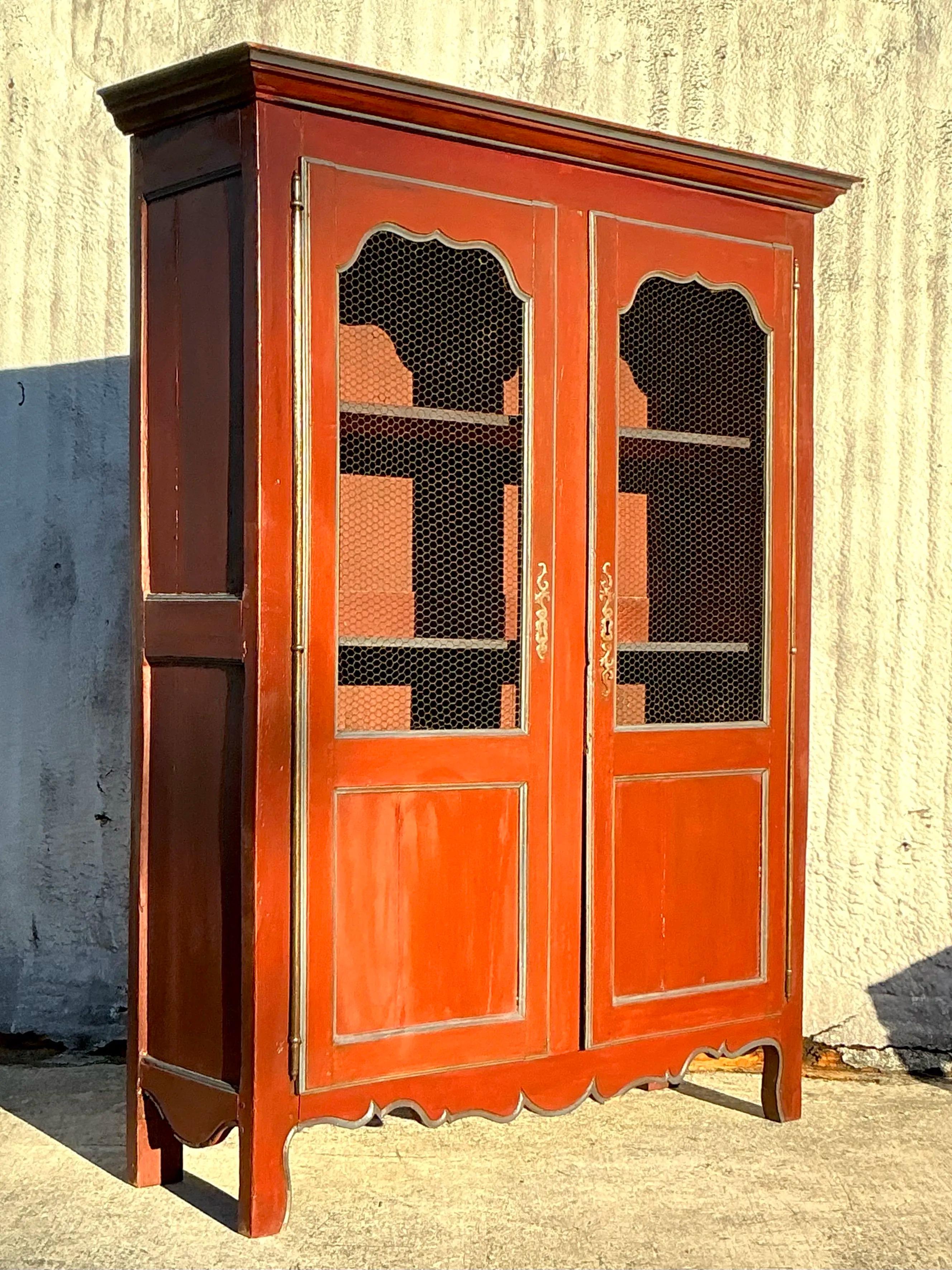 Vintage Boho Patinated Wire Front Armoire For Sale 4