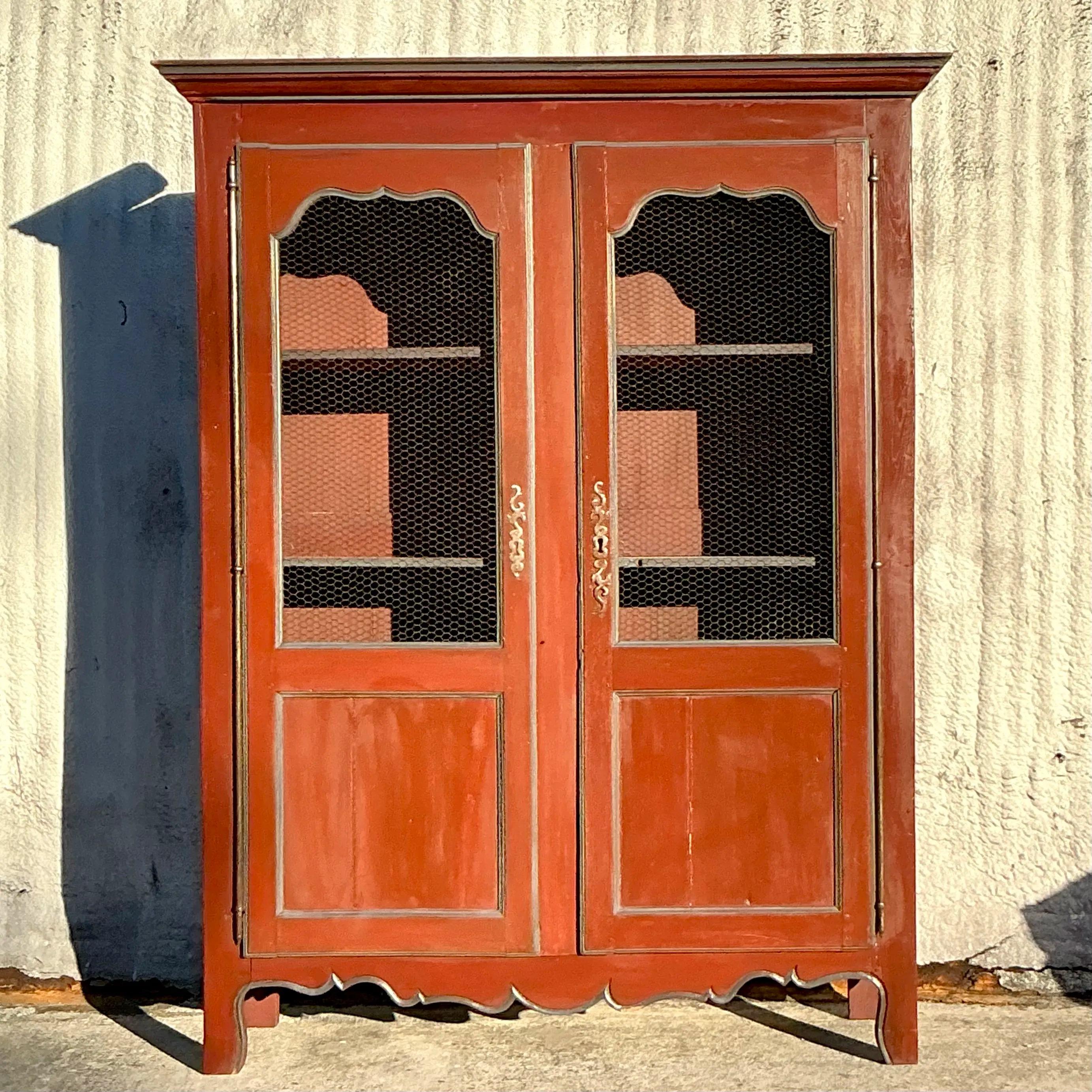 American Vintage Boho Patinated Wire Front Armoire For Sale