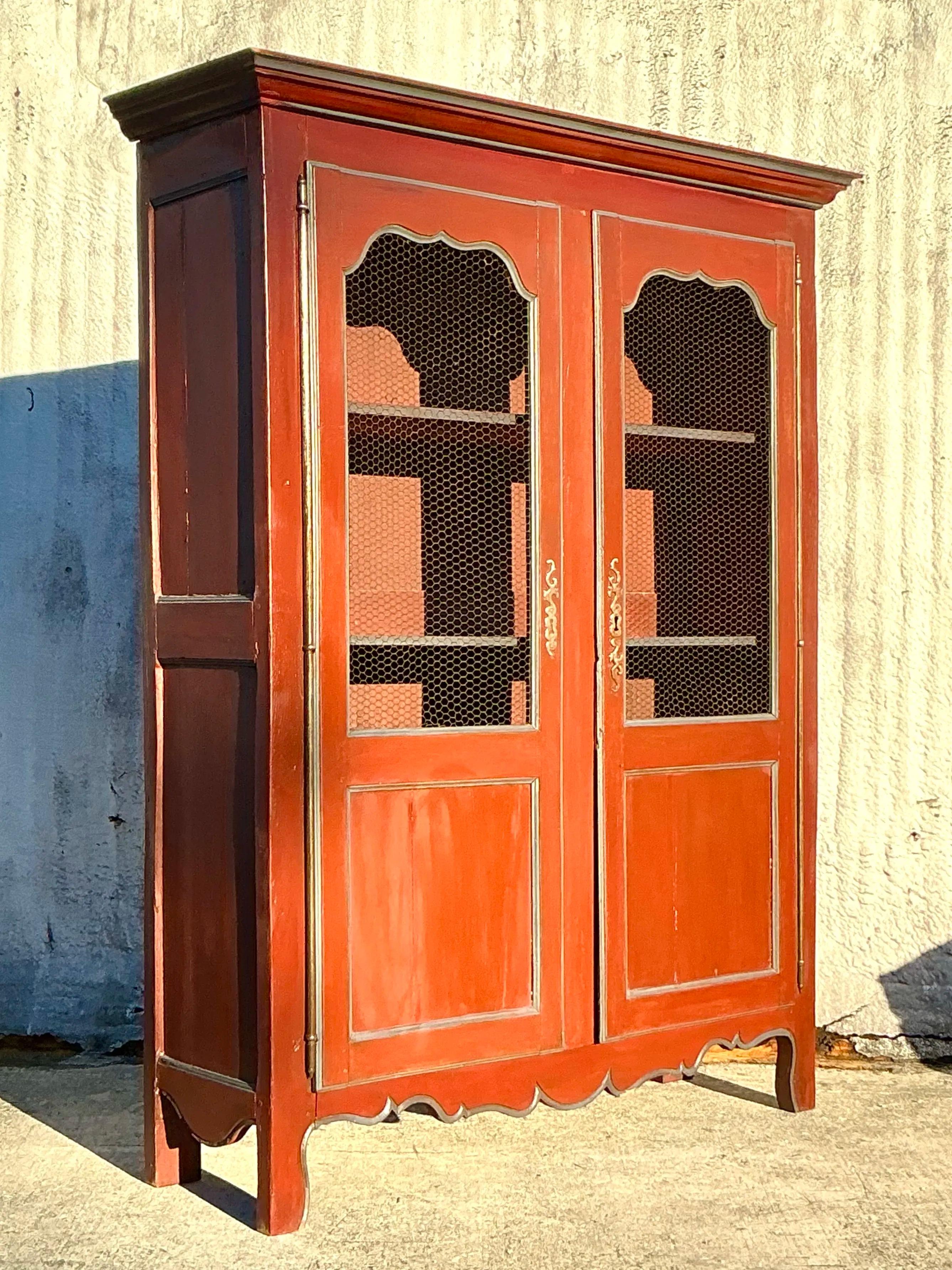 Vintage Boho Patinated Wire Front Armoire In Good Condition For Sale In West Palm Beach, FL