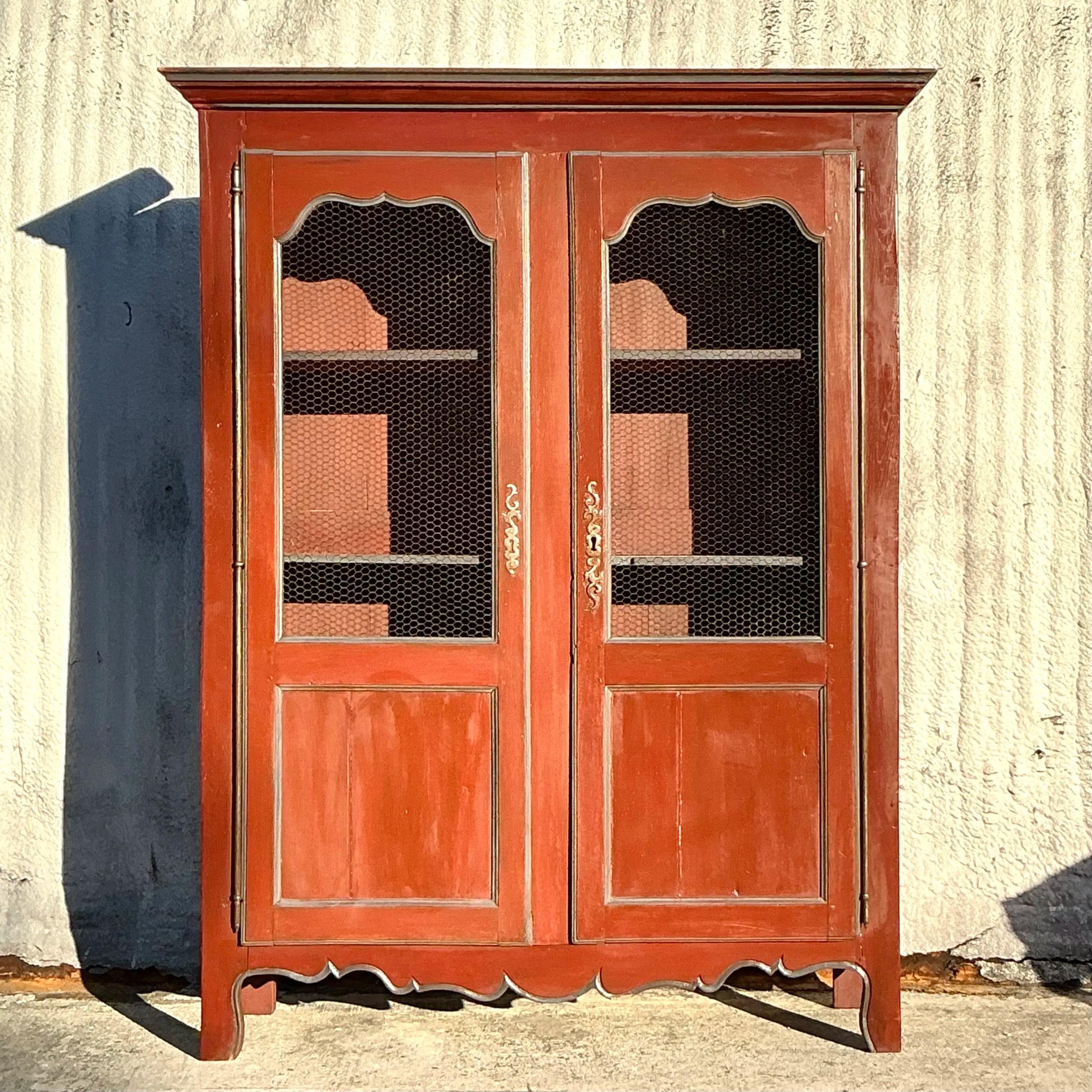 20th Century Vintage Boho Patinated Wire Front Armoire For Sale