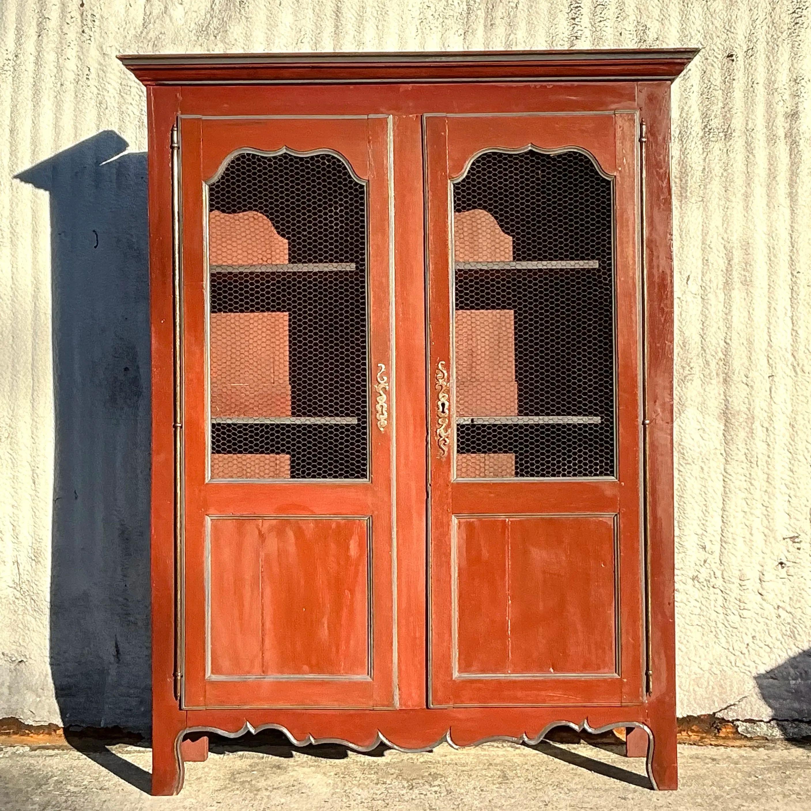 Metal Vintage Boho Patinated Wire Front Armoire For Sale