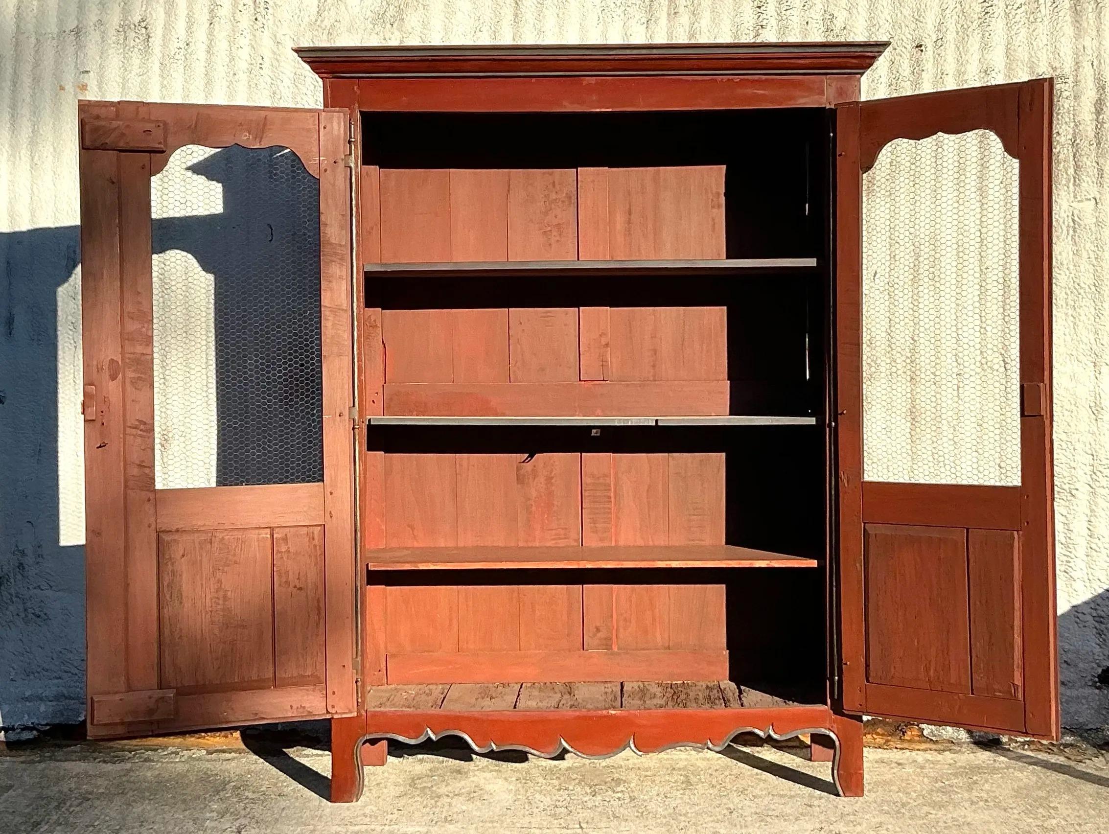 Vintage Boho Patinated Wire Front Armoire For Sale 1