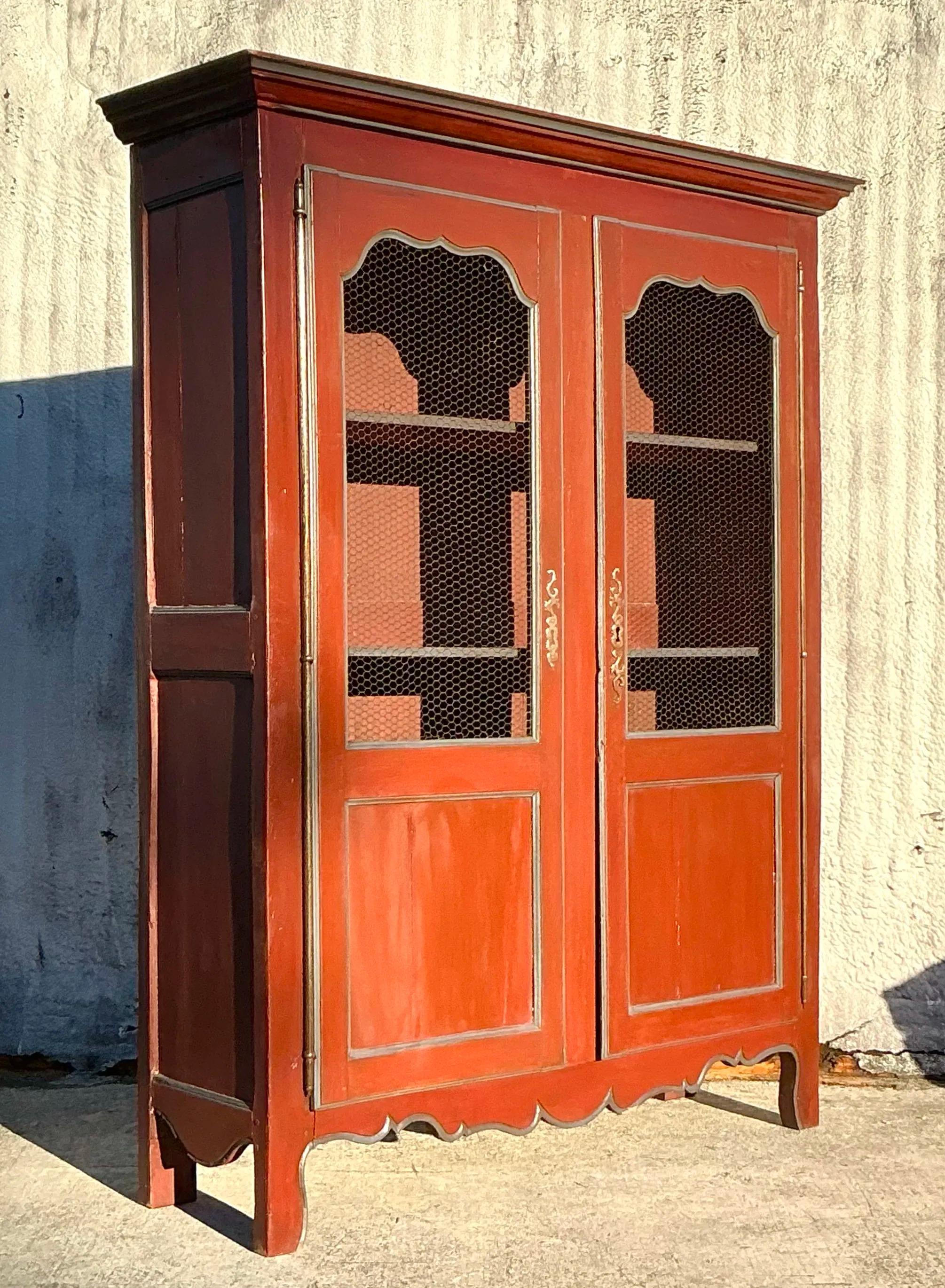 Vintage Boho Patinated Wire Front Armoire For Sale 2