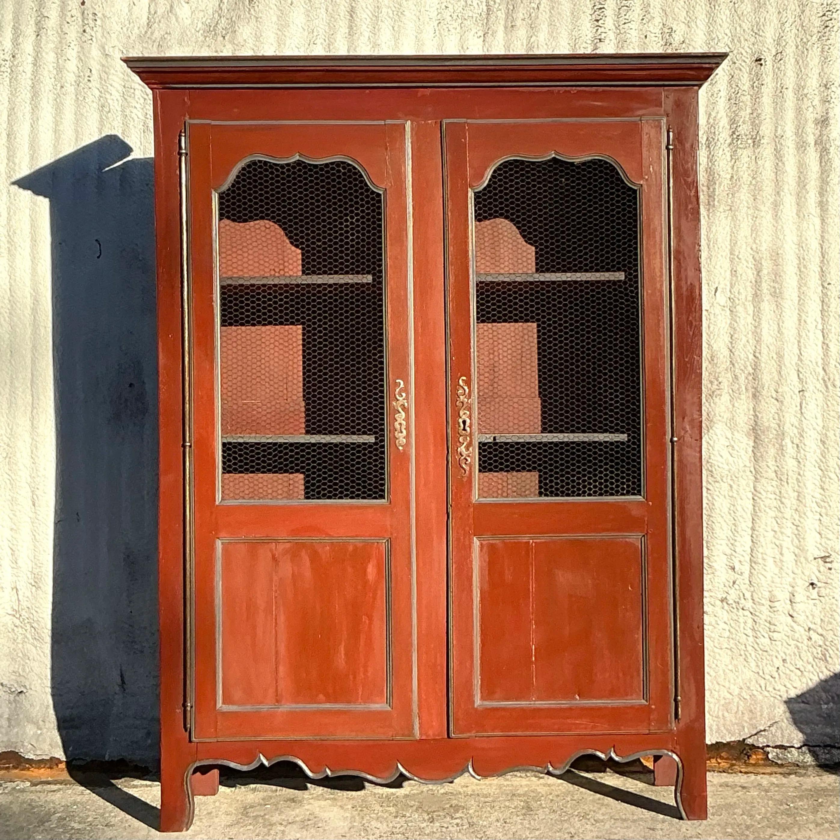 Vintage Boho Patinated Wire Front Armoire For Sale 3