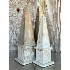 Vintage Boho Patinated Wood Obelisks - Set of 3