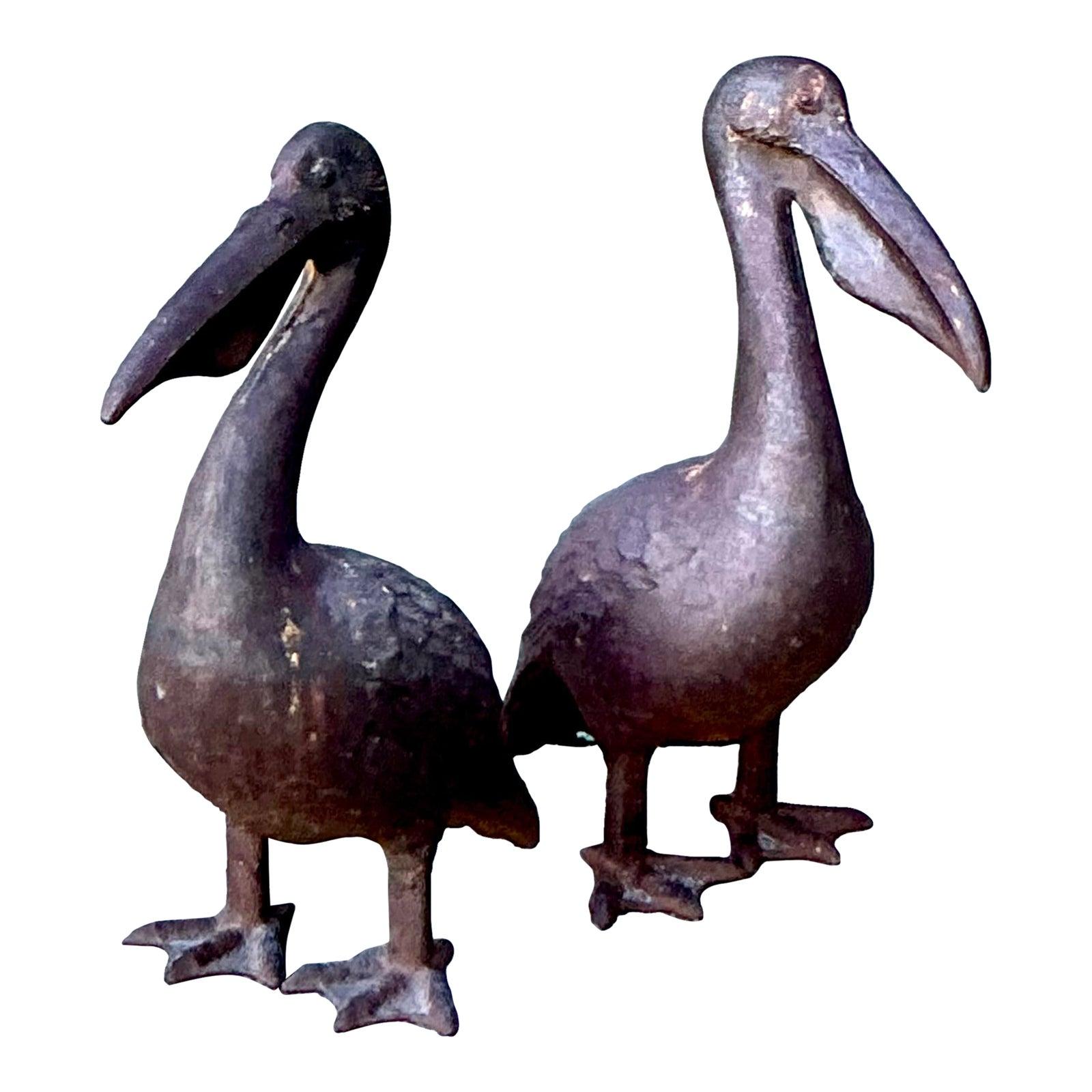 Vintage Boho Patinated Wrought Iron Pelicans - Set of 2