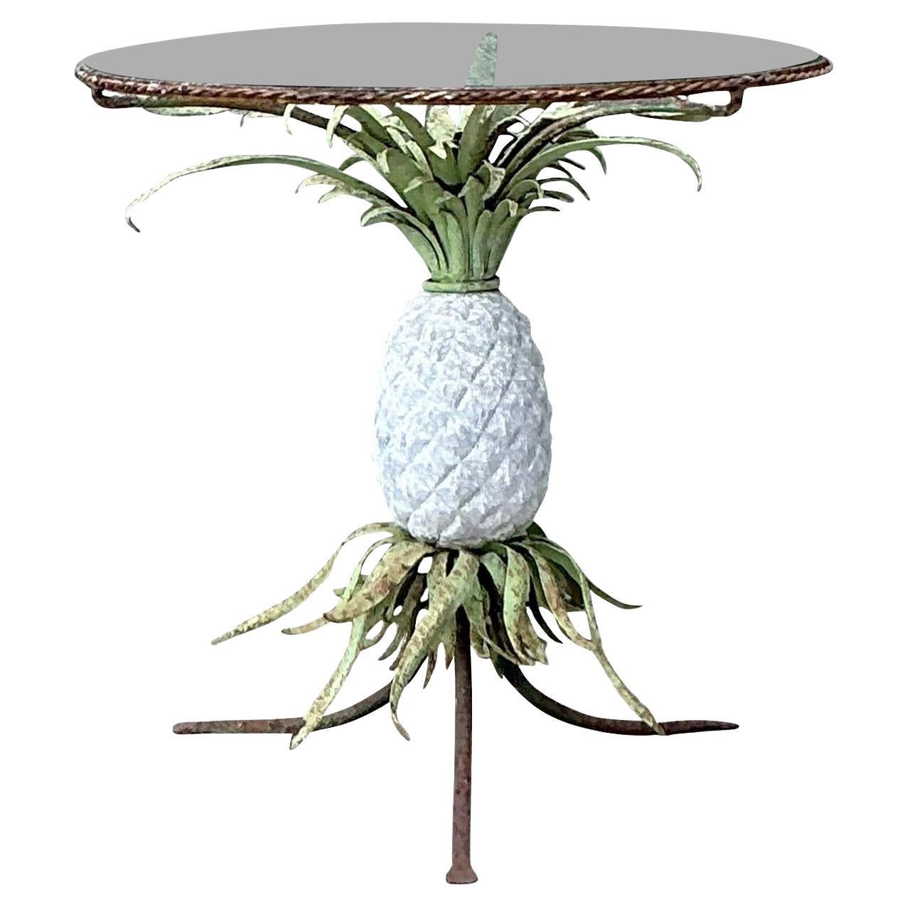 Vintage Boho Patinated Wrought Iron Pineapple Table For Sale