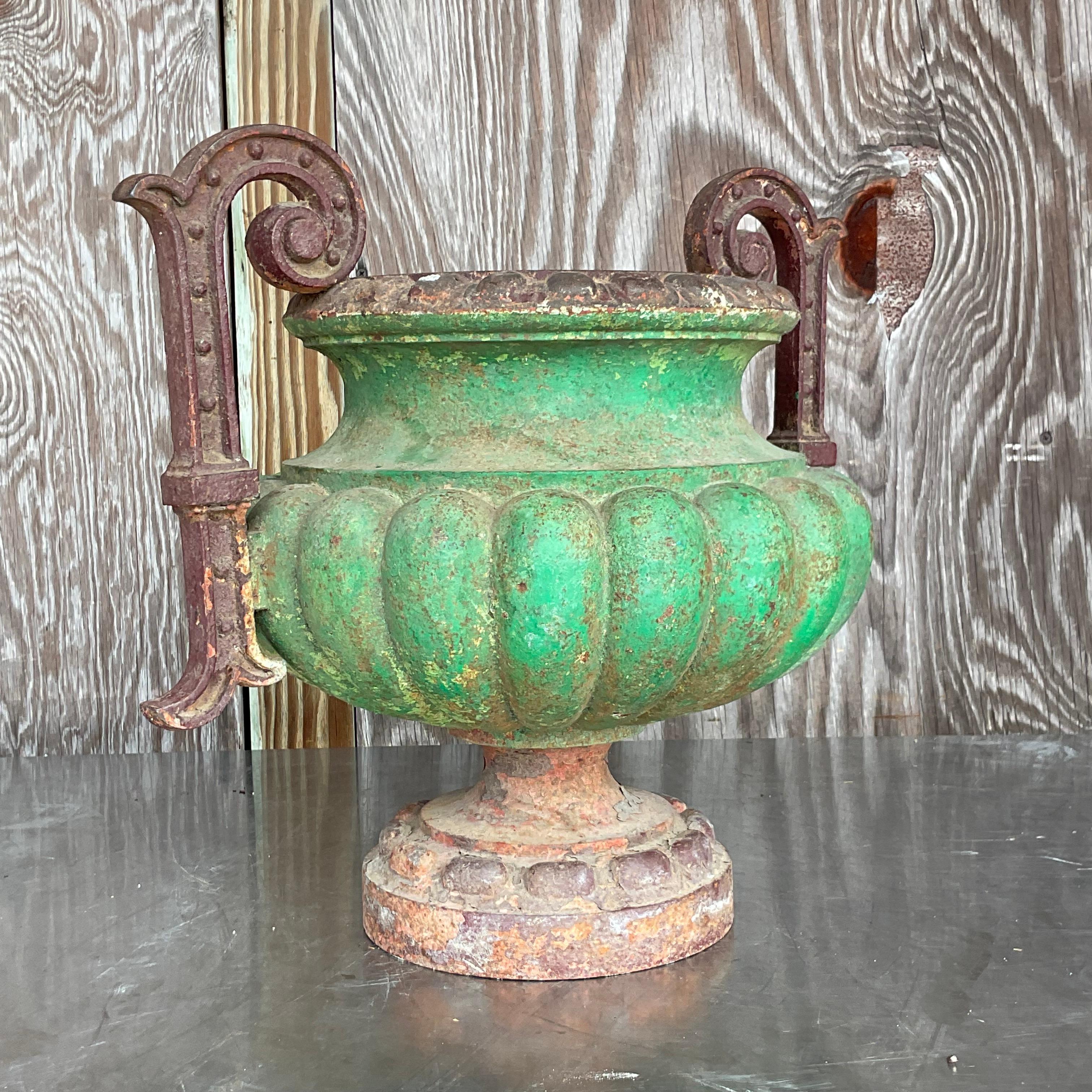 American Vintage Boho Patinated Wrought Iron Urn For Sale