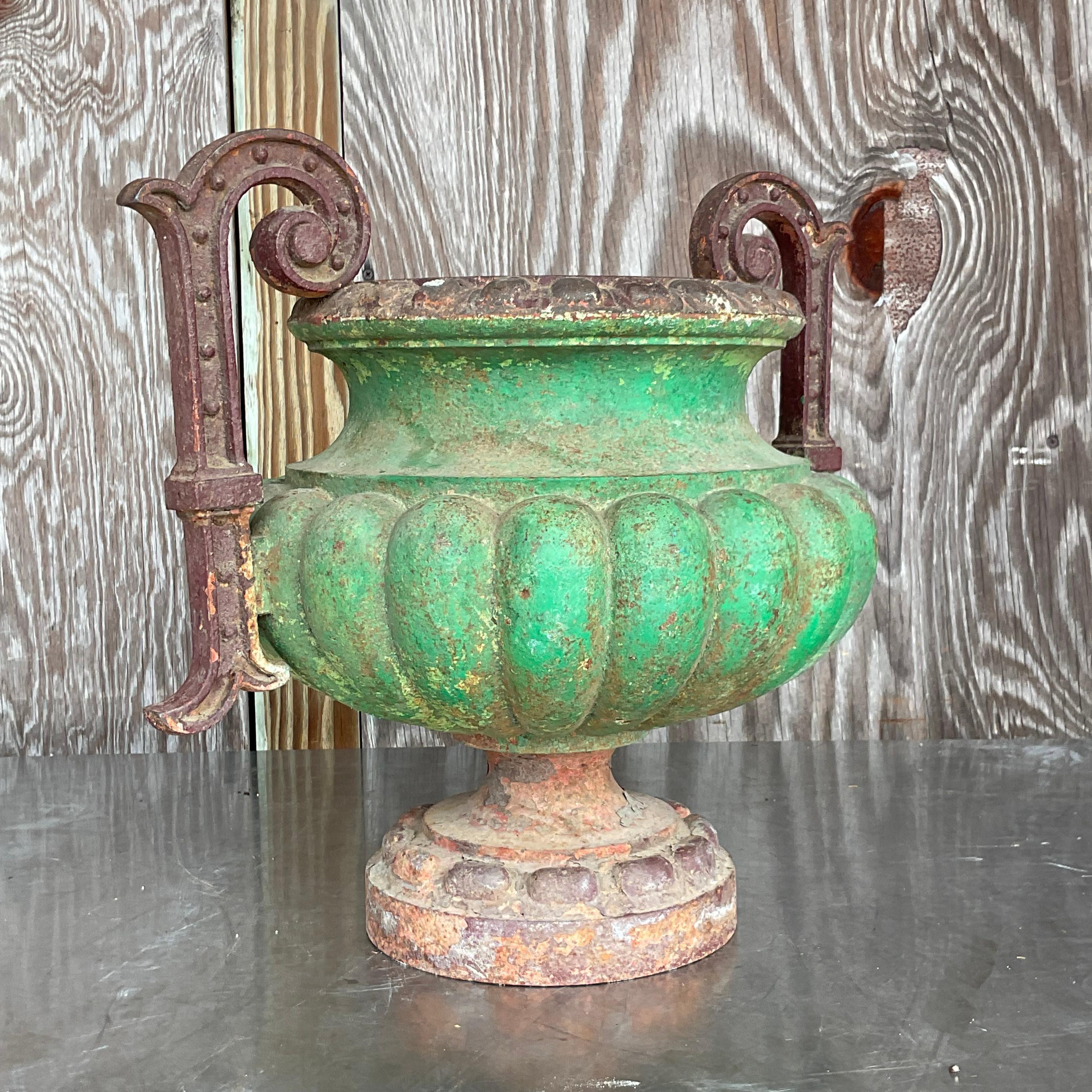 Vintage Boho Patinated Wrought Iron Urn In Good Condition For Sale In west palm beach, FL