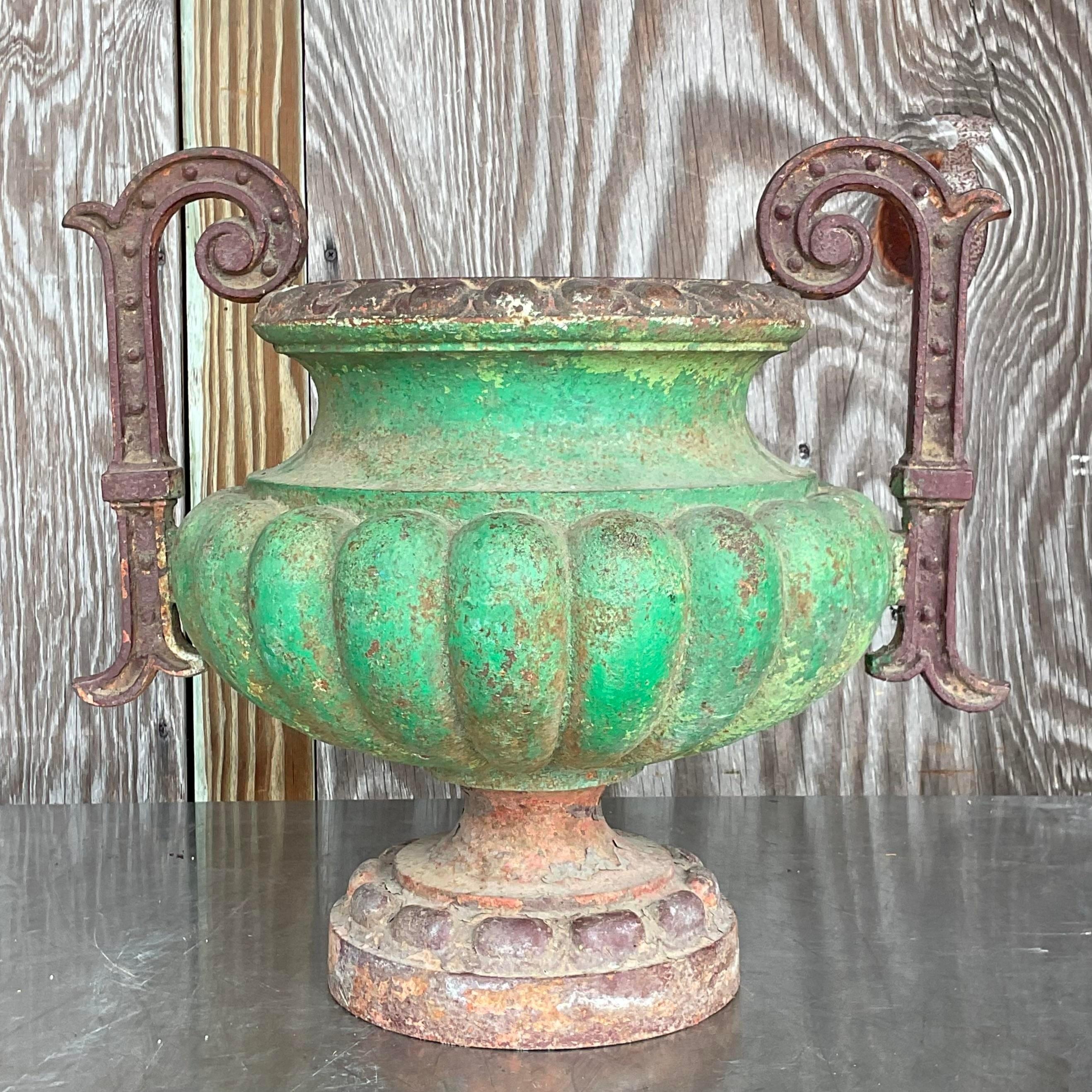 20th Century Vintage Boho Patinated Wrought Iron Urn For Sale