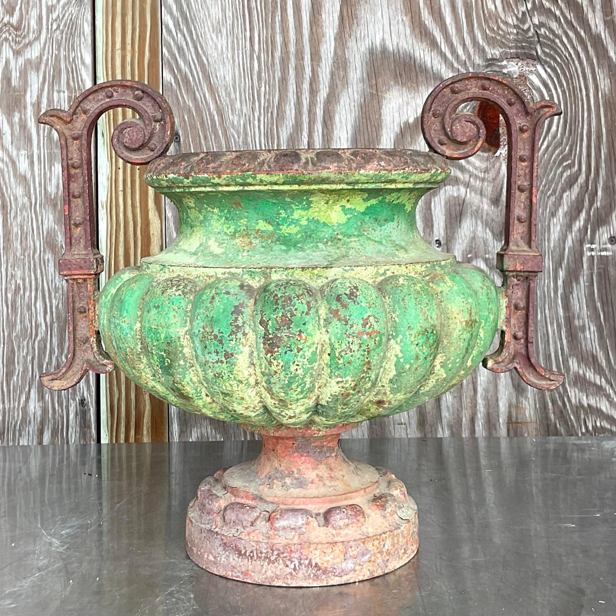 Vintage Boho Patinated Wrought Iron Urn For Sale 1