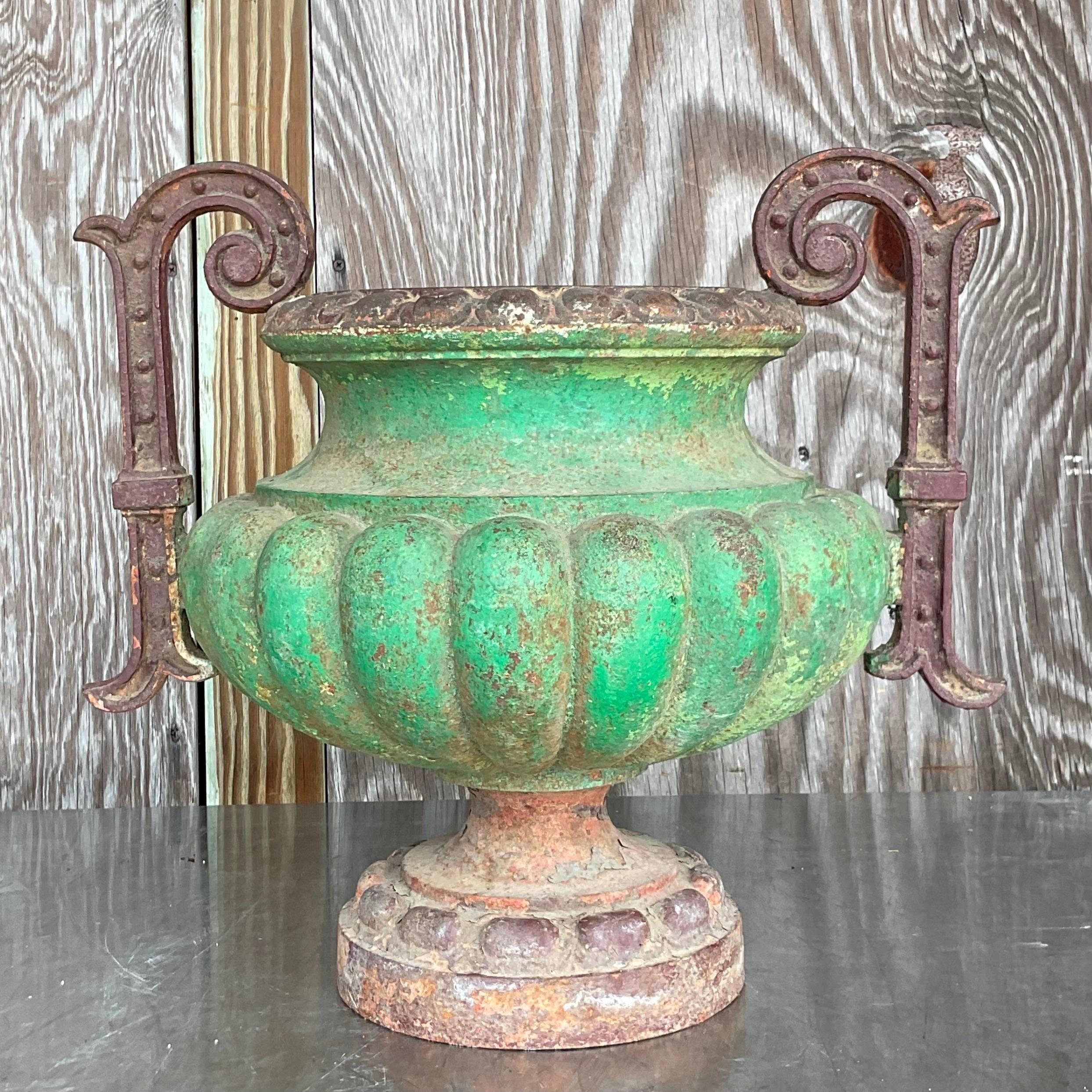 Vintage Boho Patinated Wrought Iron Urn For Sale 2