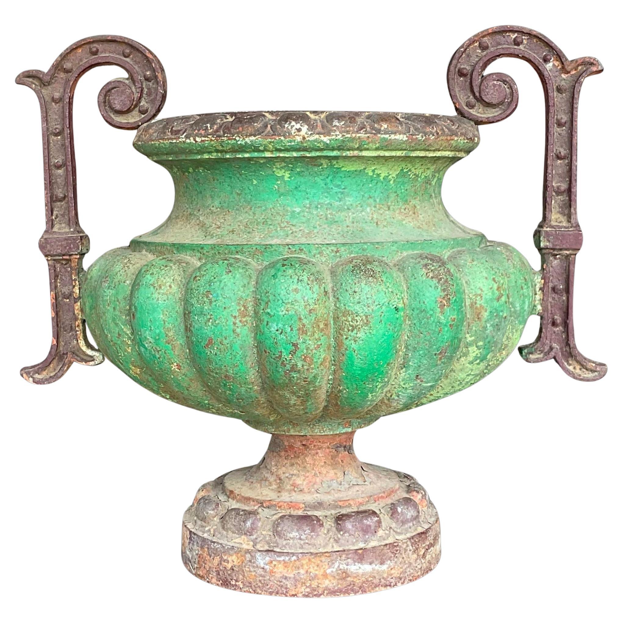 Vintage Boho Patinated Wrought Iron Urn