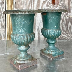 Vintage Boho Patinated Wrought Iron Urns - a Pair